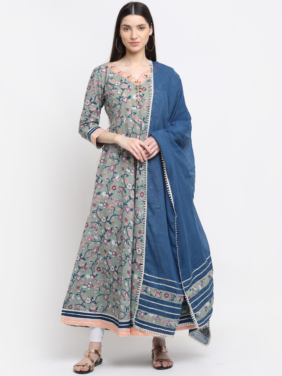 

KALINI Floral Printed Maxi Cotton Ethnic Dresses With Dupatta, Grey