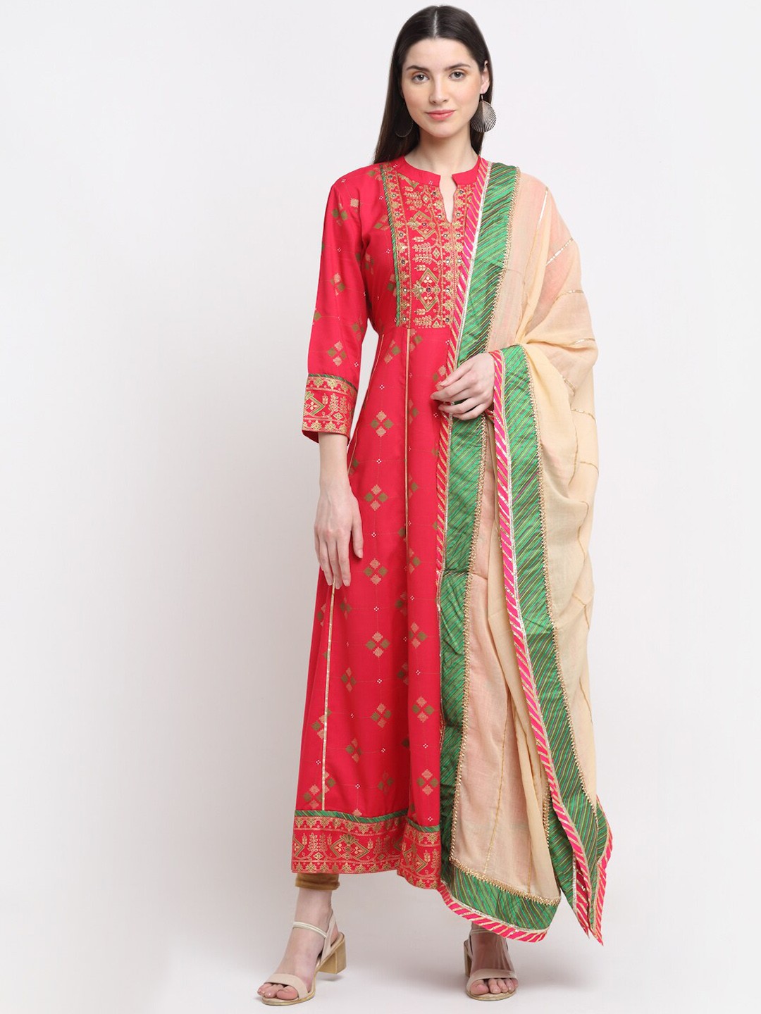 

KALINI Geometric Printed Ethnic Anarkali Ethnic Dresses With Dupatta, Pink