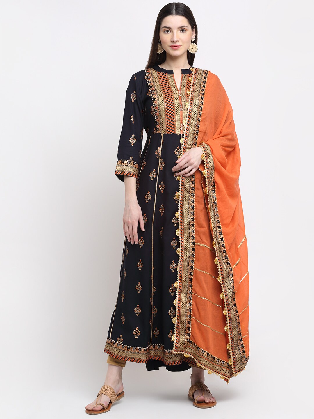 

KALINI Ethnic Motifs Printed Tie-Ups Maxi Ethnic Dress With Dupatta, Black