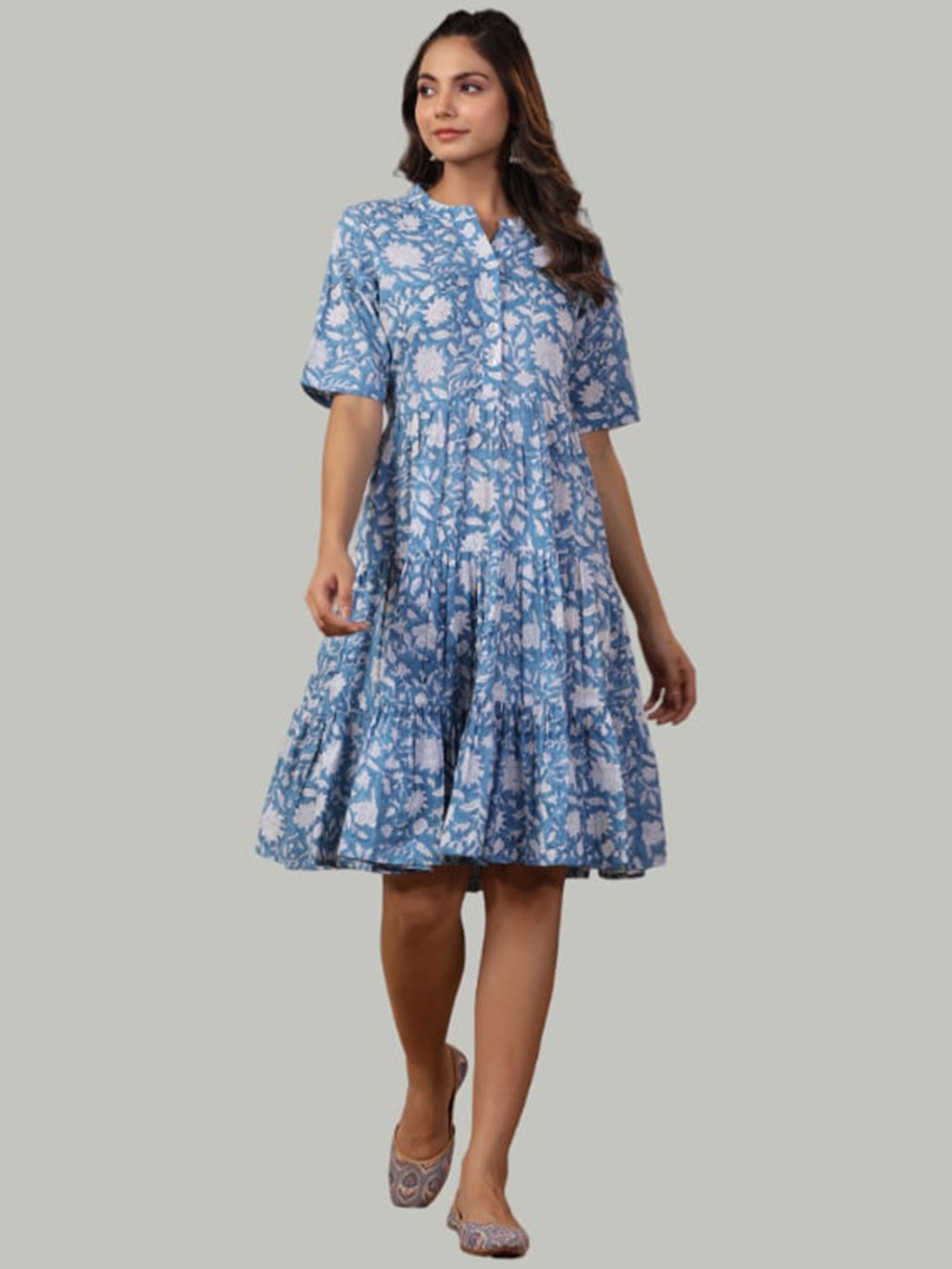 

Shuddhi Floral Printed Cotton Knee Length Ethnic Dresses, Blue