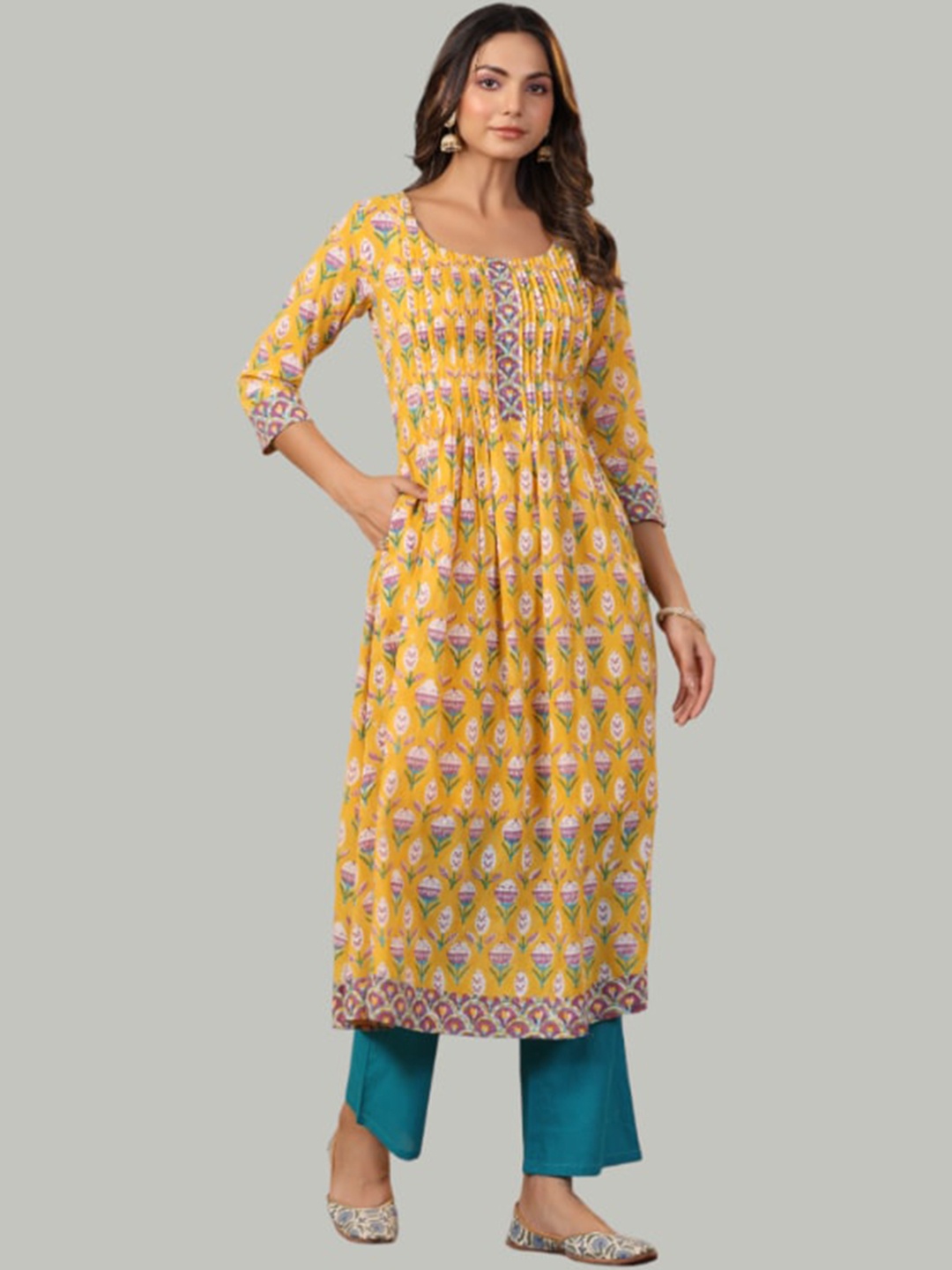 

Shuddhi Floral Printed A-Line Pleated Three-Quarter Sleeves Cotton Kurta, Yellow
