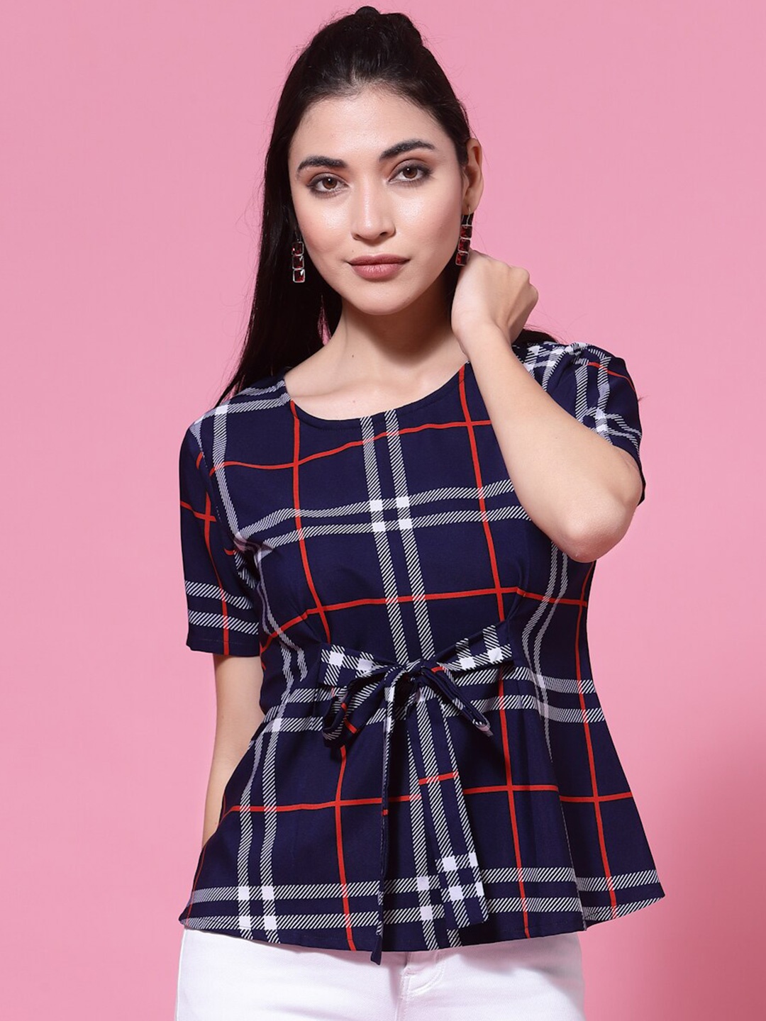 

BAESD Checked Round Neck Waist Tie-Ups Crepe Top, Blue