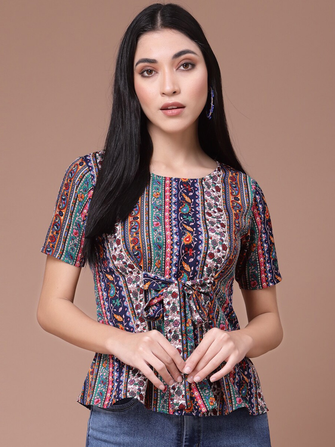 

BAESD Ethnic Motifs Printed Waist Tie-Ups Top, Blue