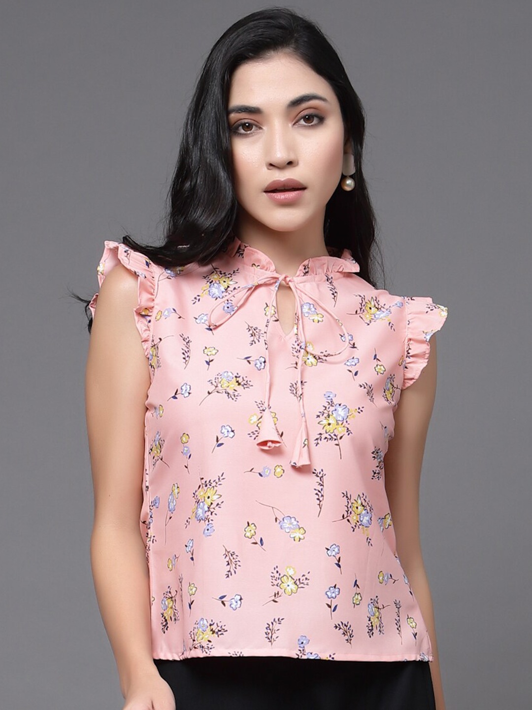

BAESD Floral Printed Tie-Up Neck Flutter Sleeves Top, Pink