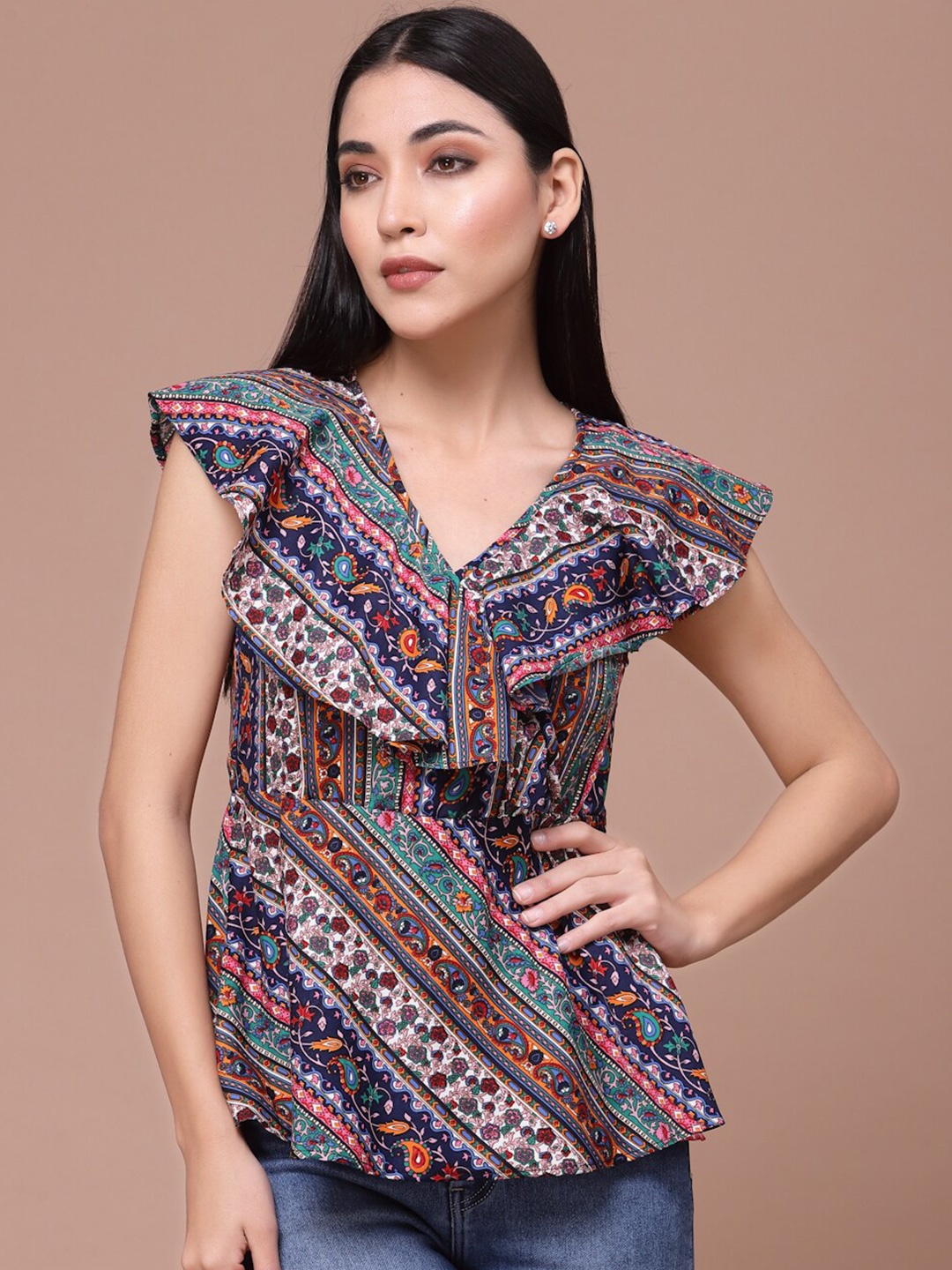 

BAESD Tribal Printed V-Neck Gathered Or Pleated Peplum Top, Blue