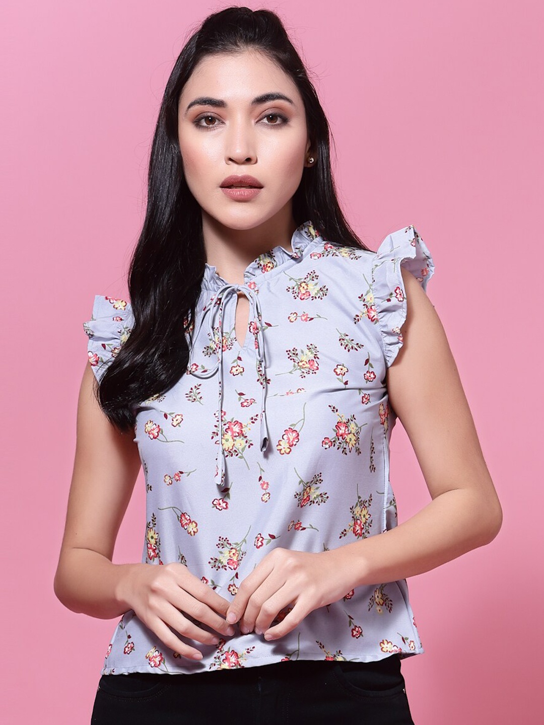 

BAESD Floral Printed Tie-Up Neck Top, Grey