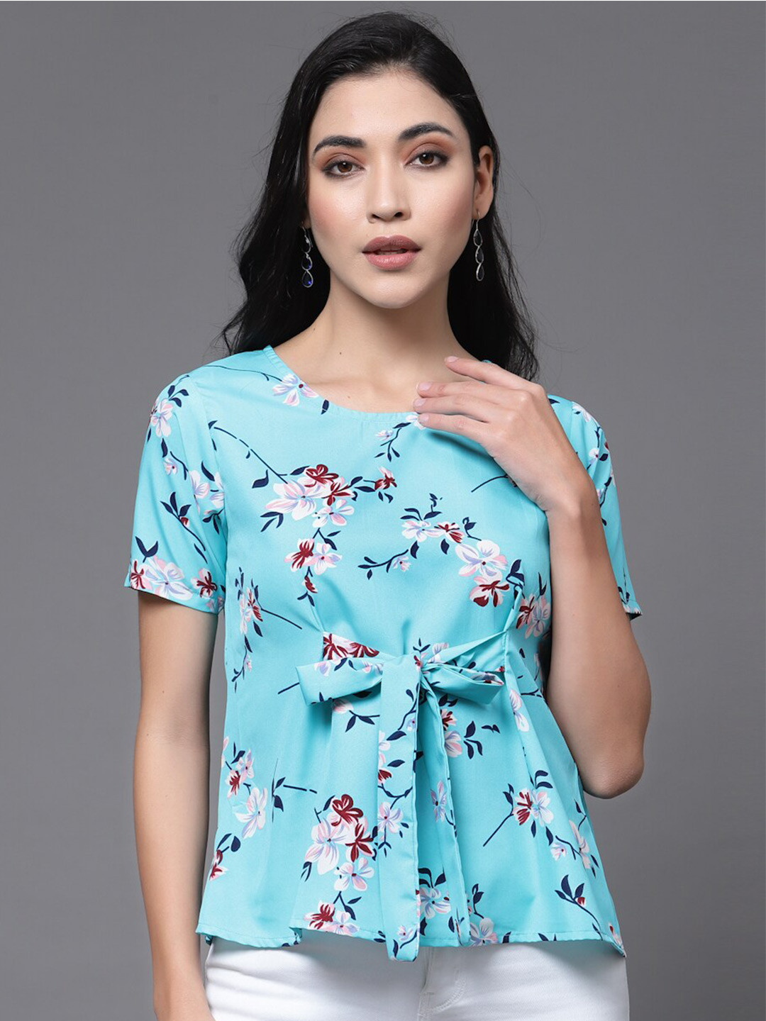 

BAESD Floral Printed Waist Tie-Ups Top, Blue