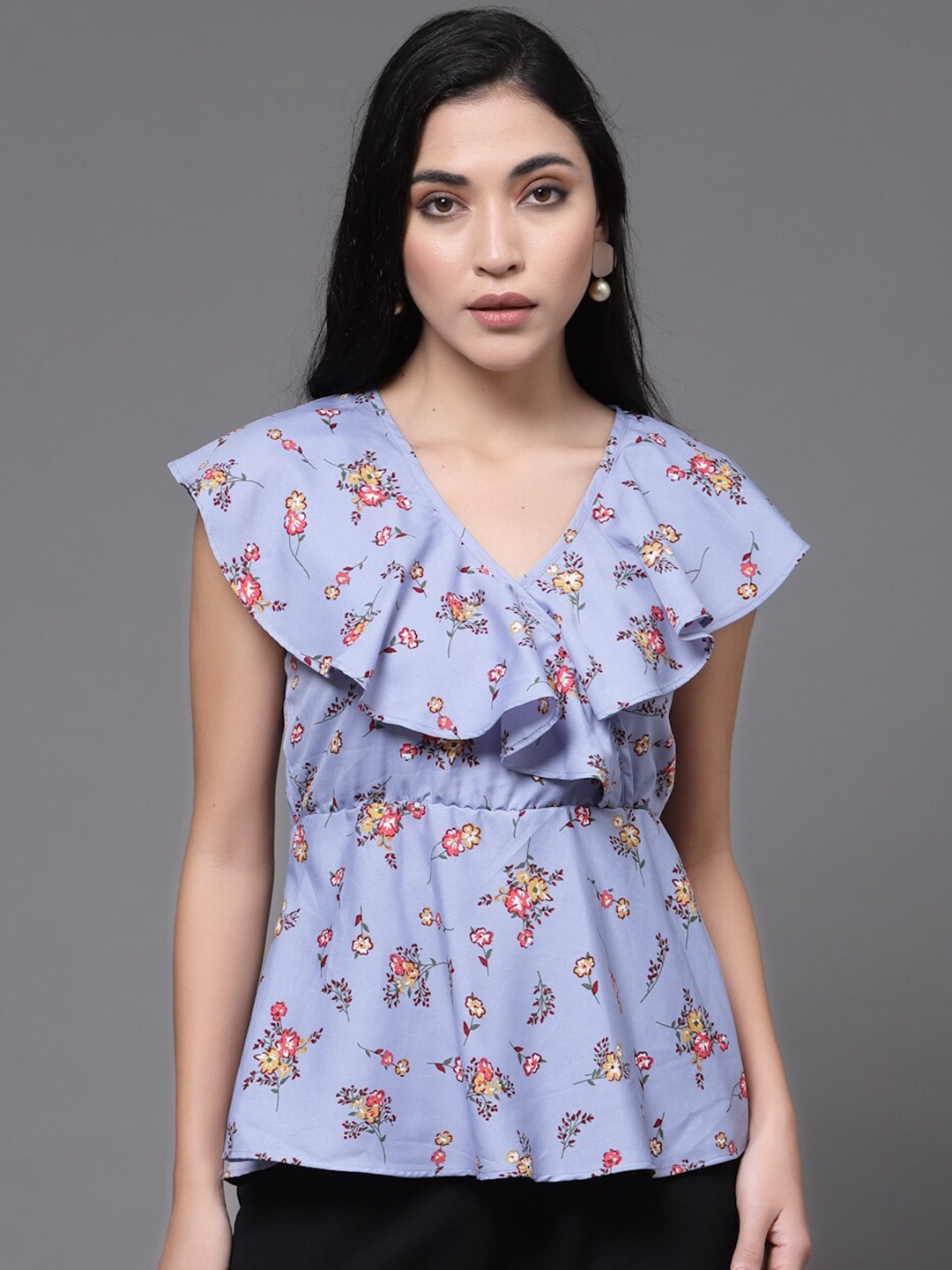 

BAESD Floral Printed V-Neck Ruffled Top, Grey