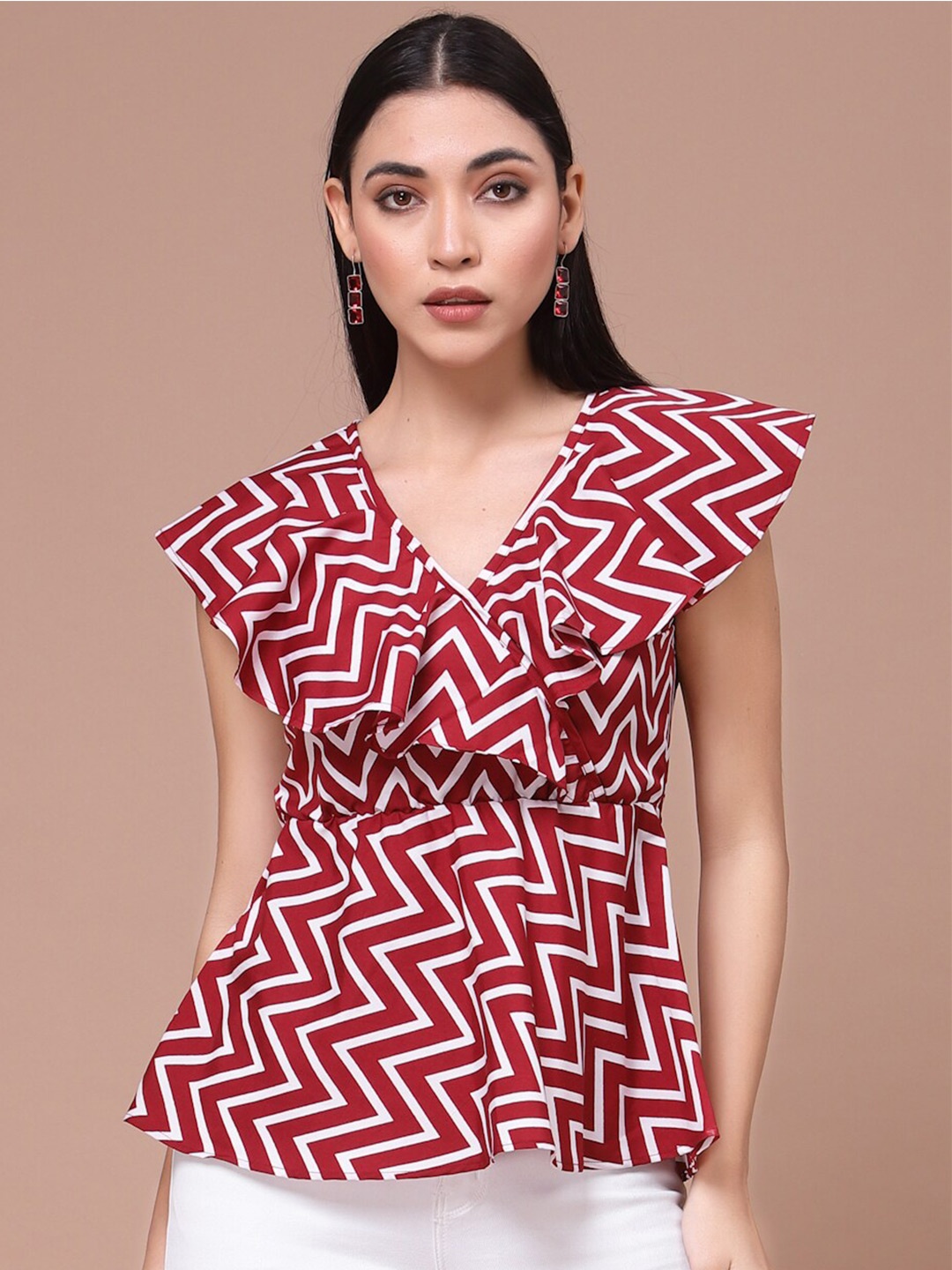 

BAESD Geometric Printed V-Neck Cap Sleeves Ruffled Top, Maroon