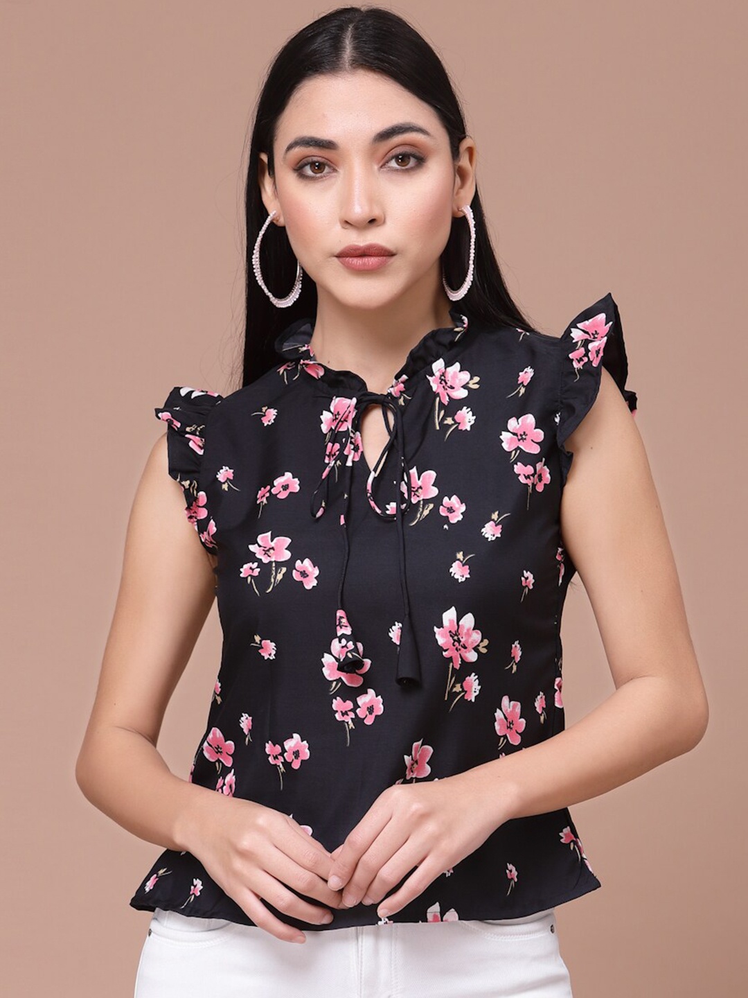 

BAESD Floral Printed Tie-Up Neck Top, Black