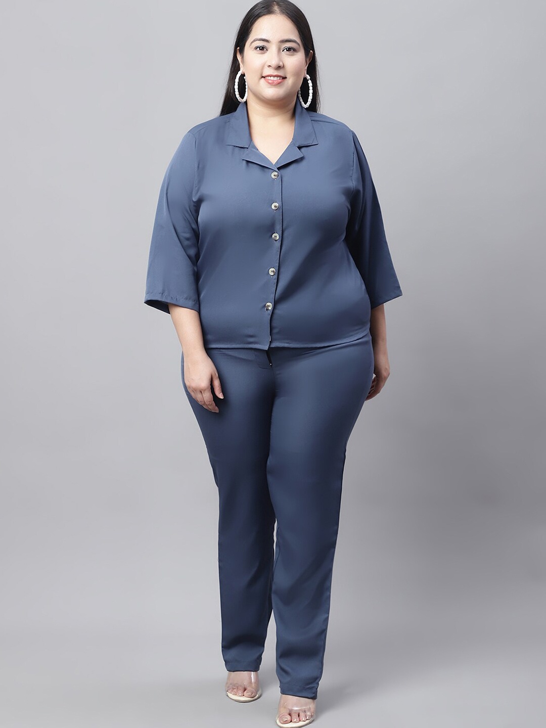 

Flambeur Plus Size Square Neck Shirt With Touser, Grey
