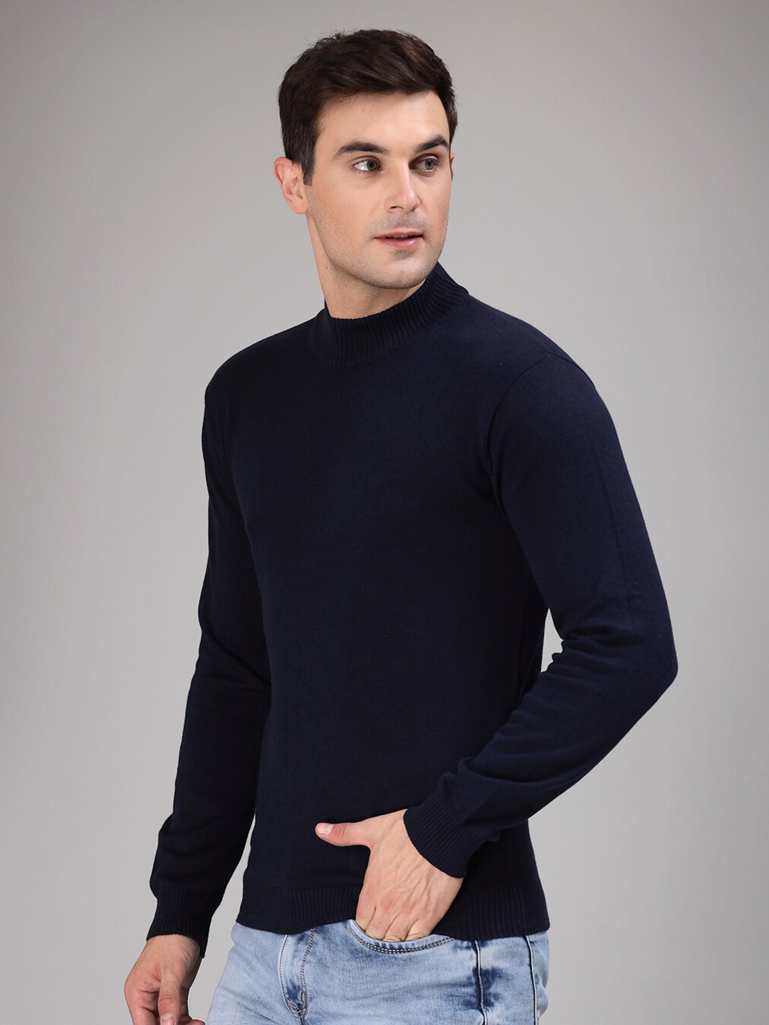 

Style Quotient Men Navy Blue Solid Cotton Pullover Sweater