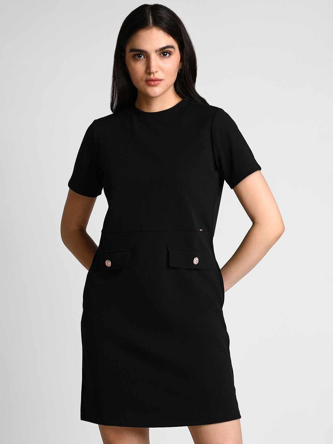 

Allen Solly Woman Round Neck Short Sleeve A-Line Dress, Black