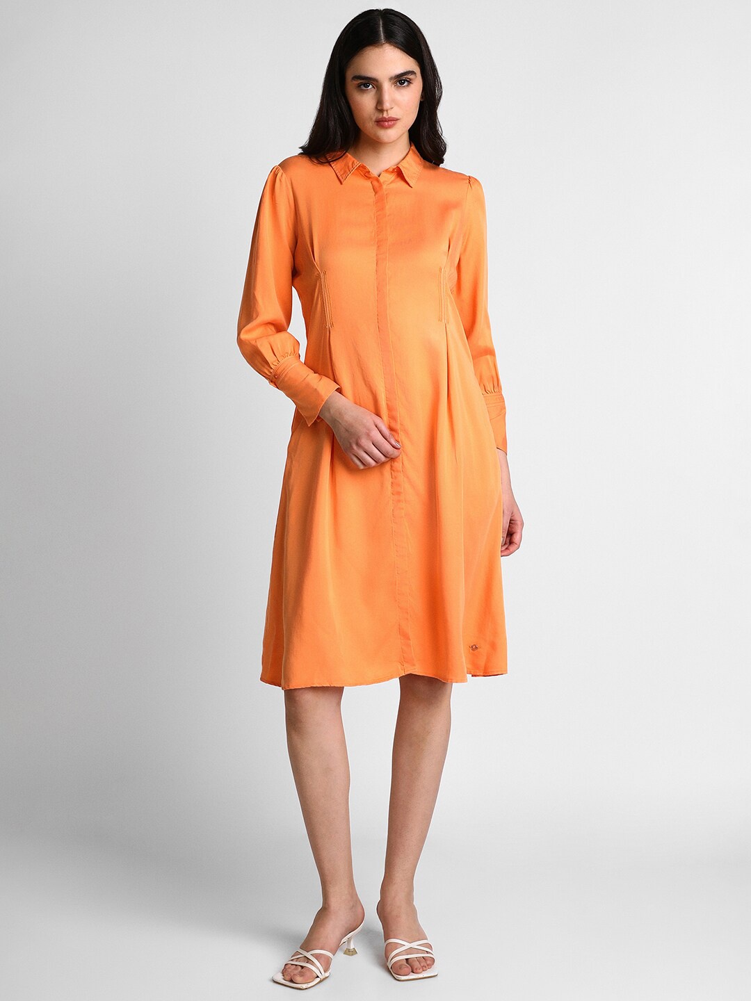 

Allen Solly Woman Shirt Collar Cuffed Sleeve Gathered Cotton Shirt Dress, Orange