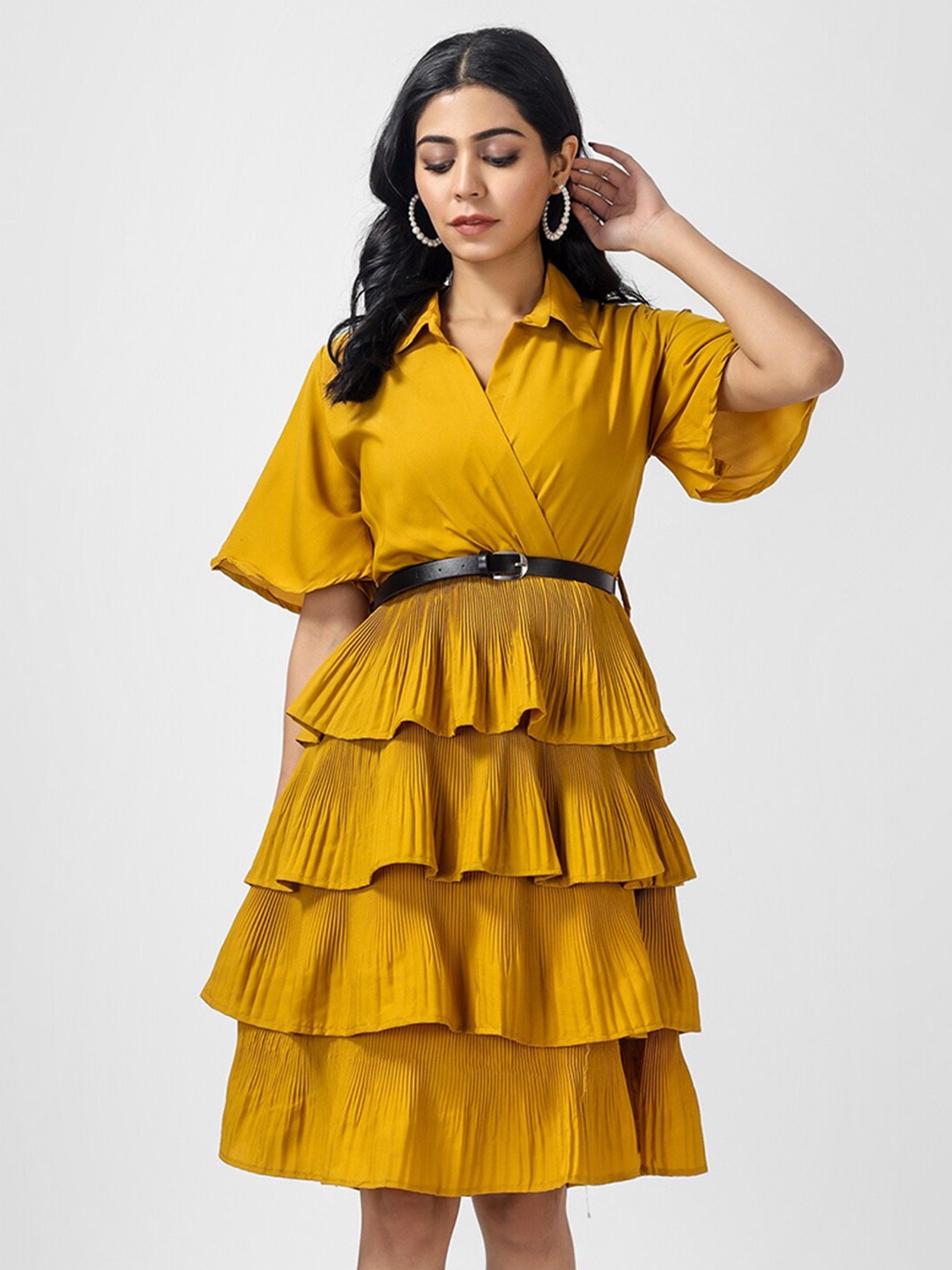 

OCEANISTA Shirt Collar Flared Sleeve Layered Fit & Flare Dress, Yellow