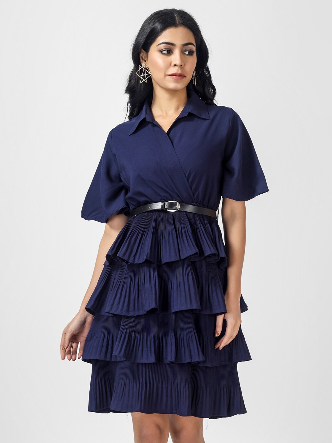 

OCEANISTA Layered Shirt Collar Fit & Flare Dress, Blue