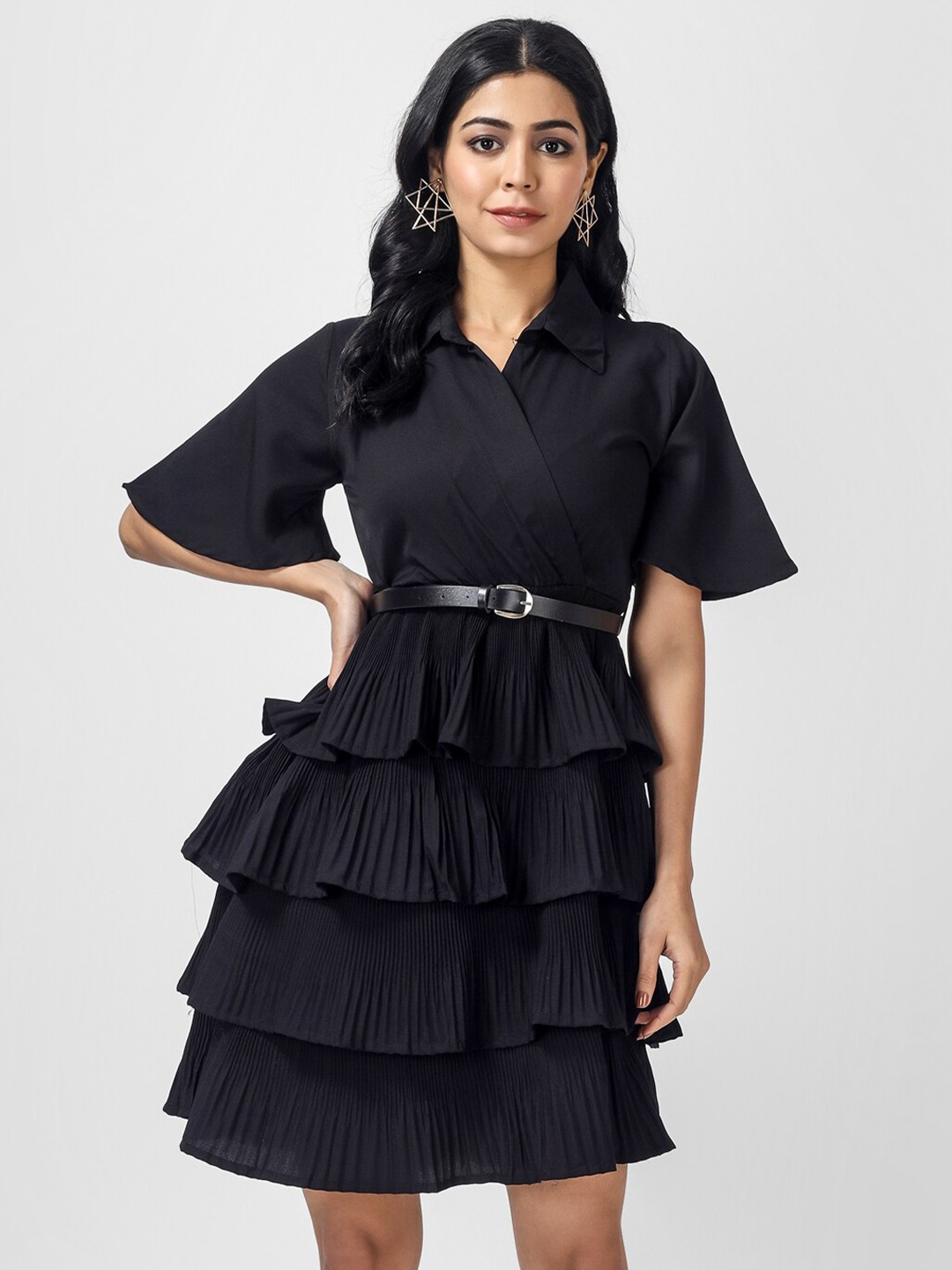 

OCEANISTA Shirt Collar Flared Sleeve Layered Fit & Flare Dress, Black