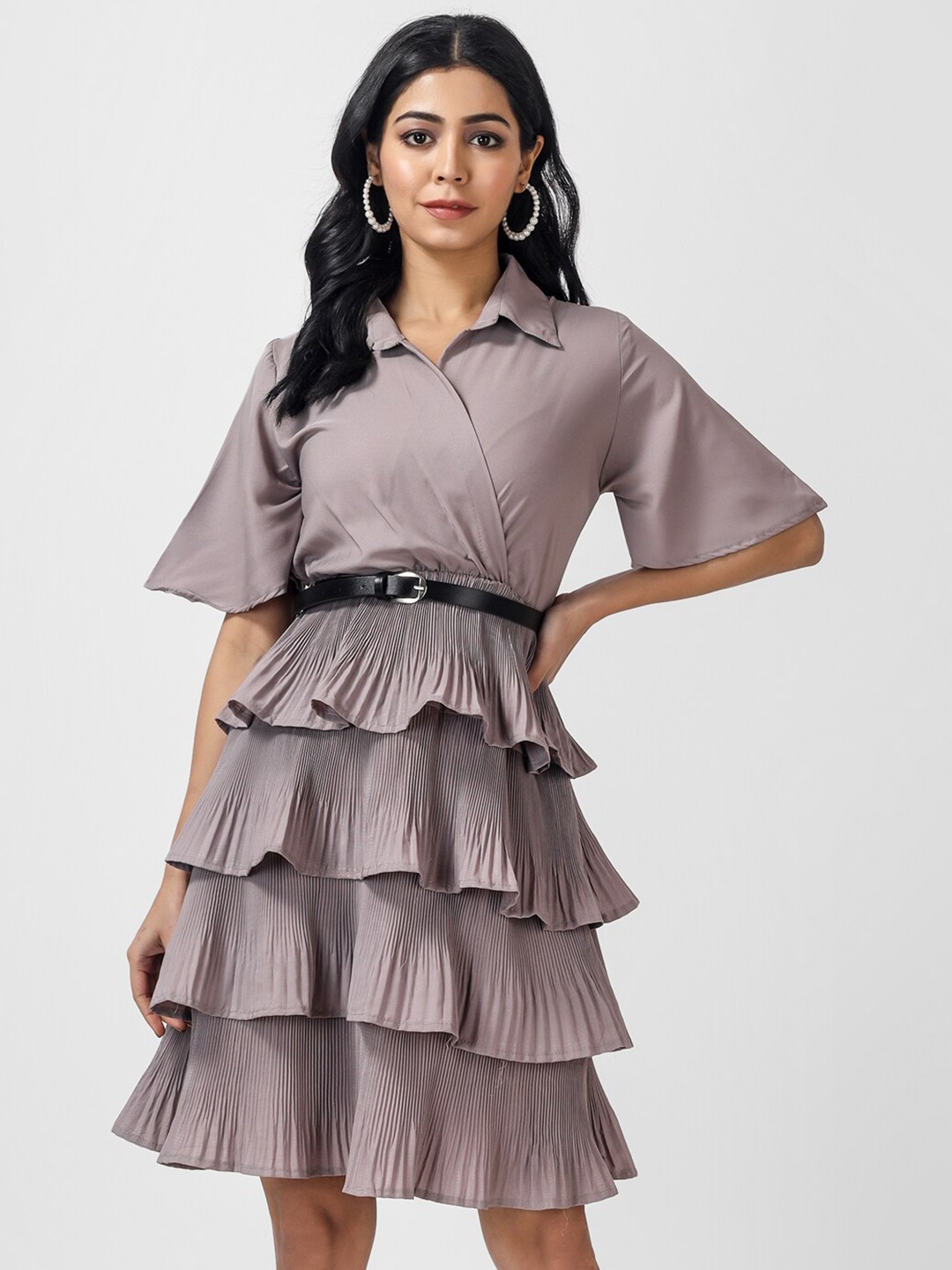 

OCEANISTA Layered Shirt Collar Flared Sleeve Fit & Flare Dress, Charcoal