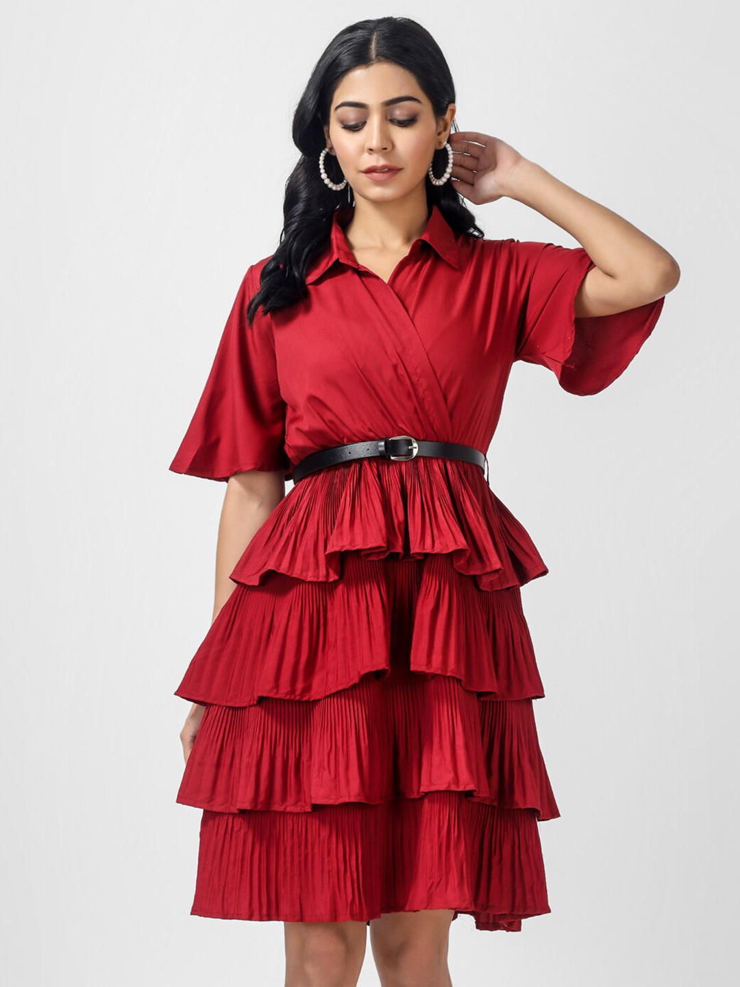 

OCEANISTA Shirt Collar Flared Sleeve Layered Fit & Flare Dress, Red