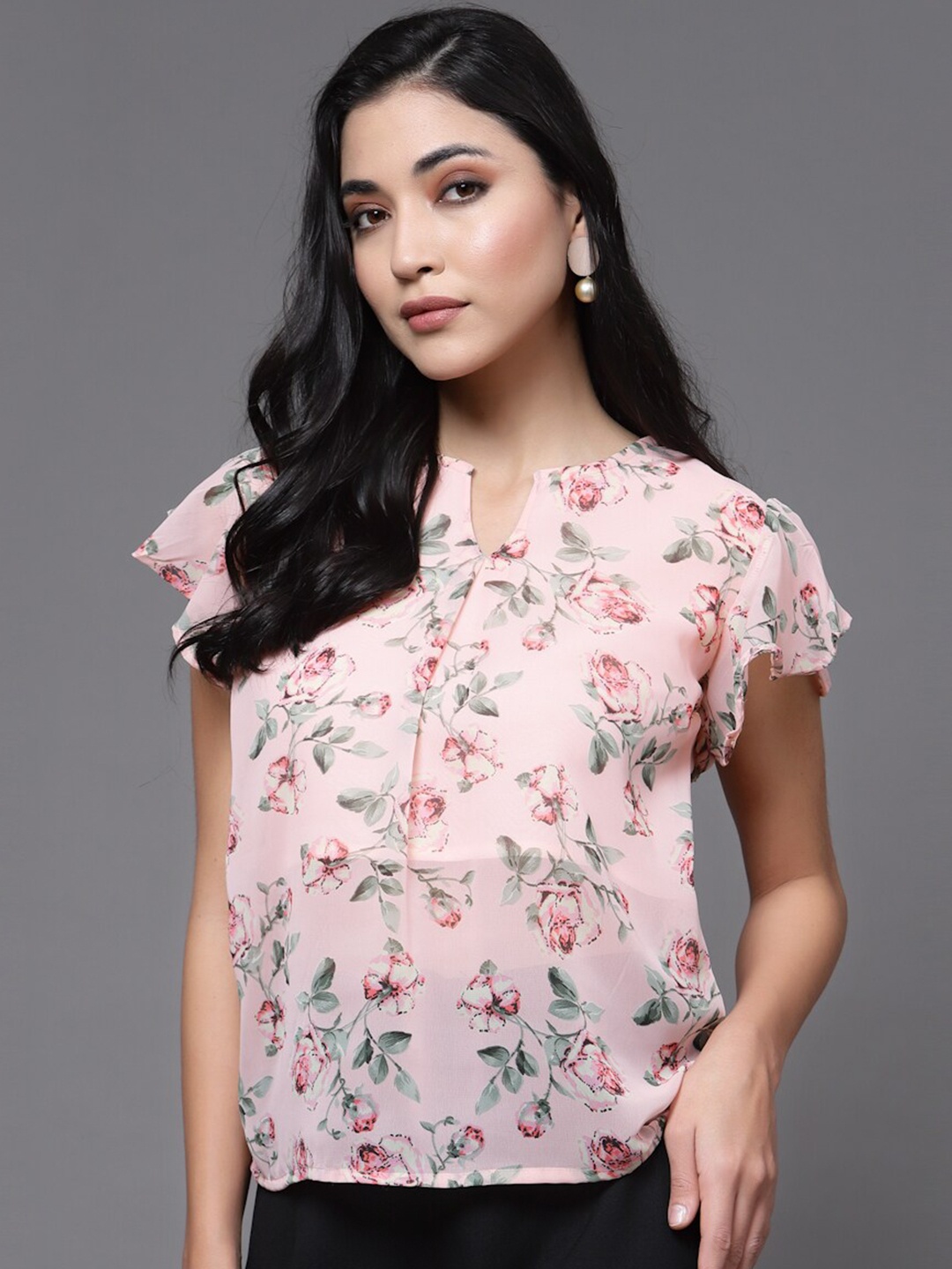 

BAESD Floral Printed Mandarin Collar Top, Pink