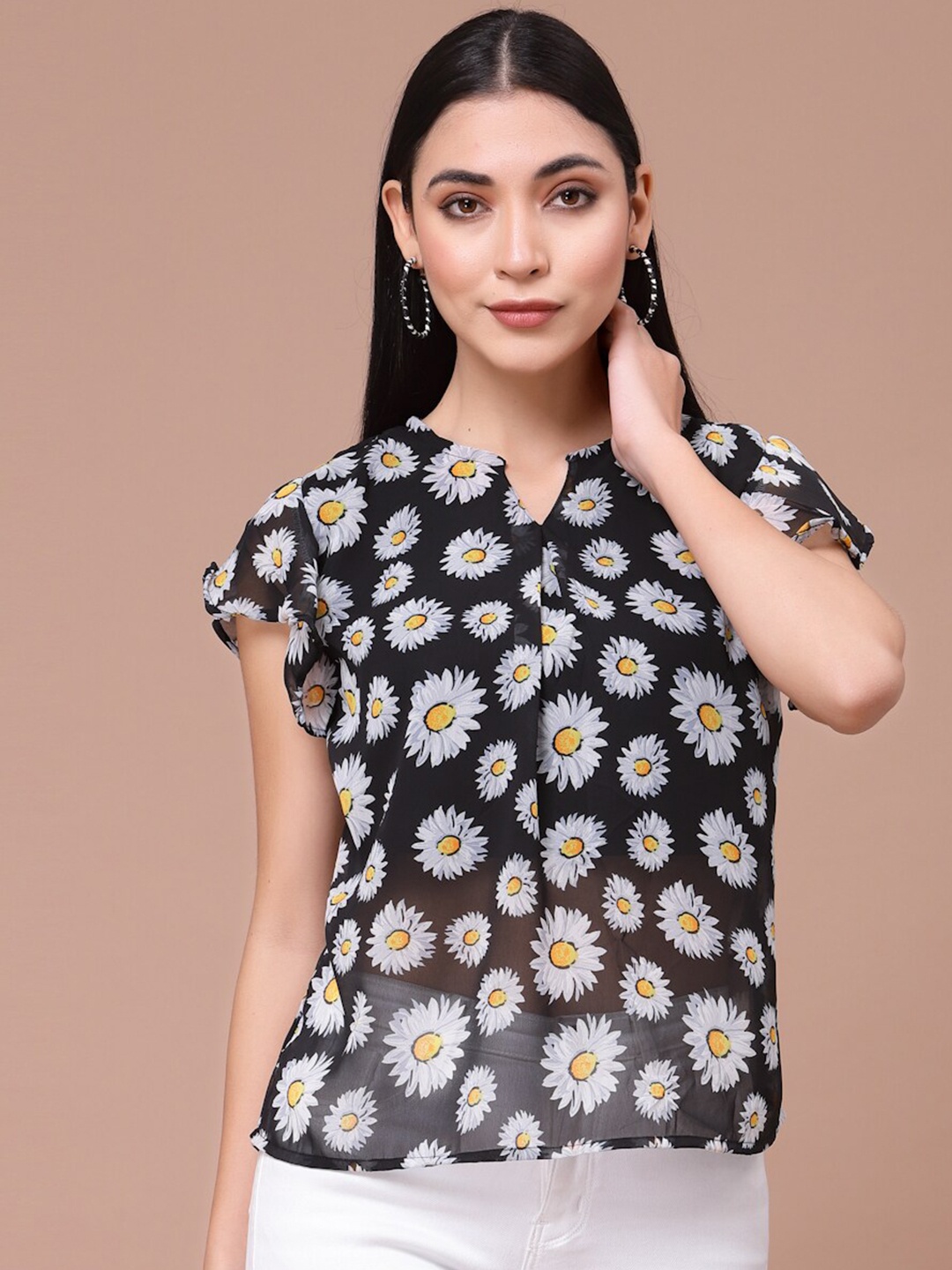 

BAESD Floral Printed Mandarin Collar Flutter Sleeve Georgette Top, Black