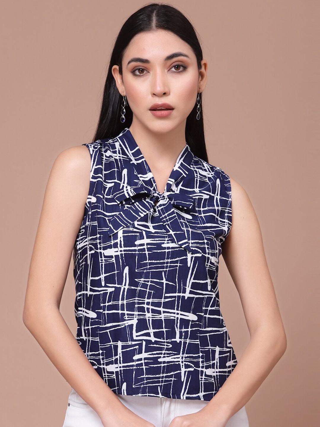 

BAESD Abstract Printed Tie Up Neck Sleeveless Top, Blue