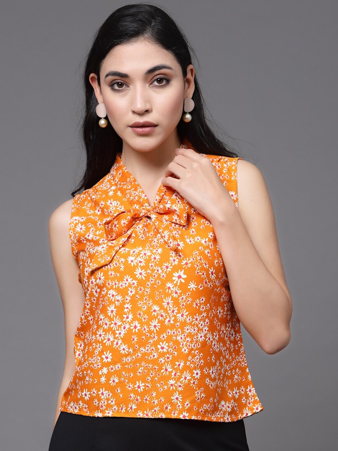 

BAESD Floral Printed Tie-Up Neck A-Line Top, Orange