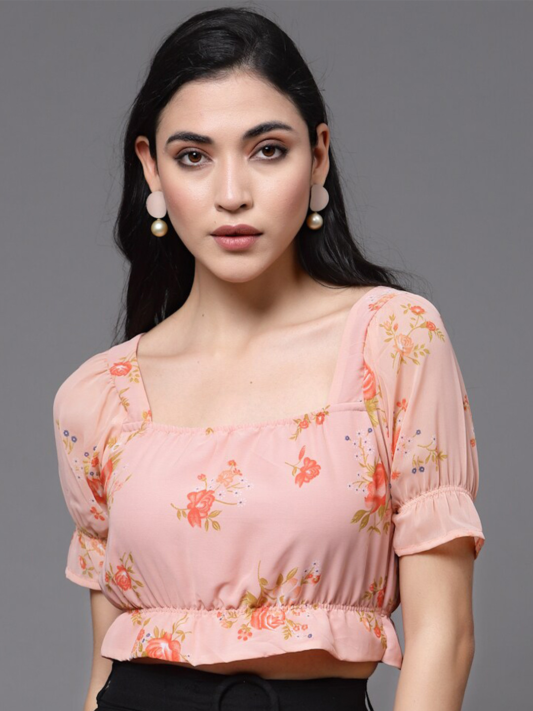 

BAESD Floral Printed Square Neck Puff Sleeves Ruffles Fitted Crop Top, Orange