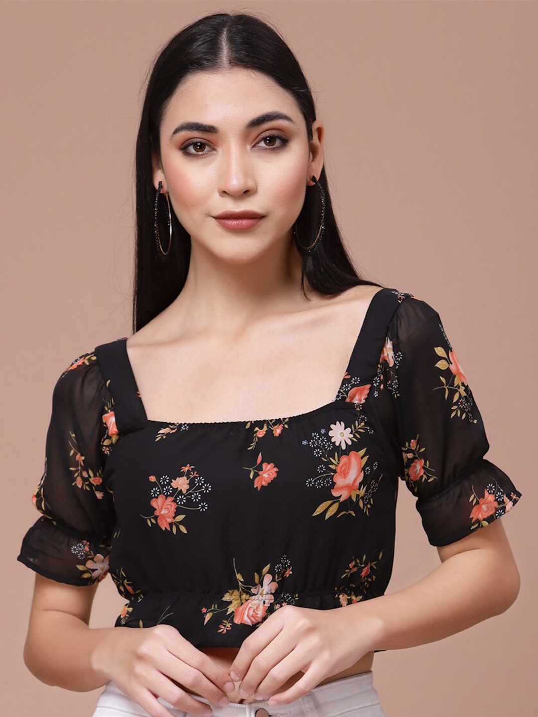 

BAESD Floral Print Ruffles Regular Crop Top, Black