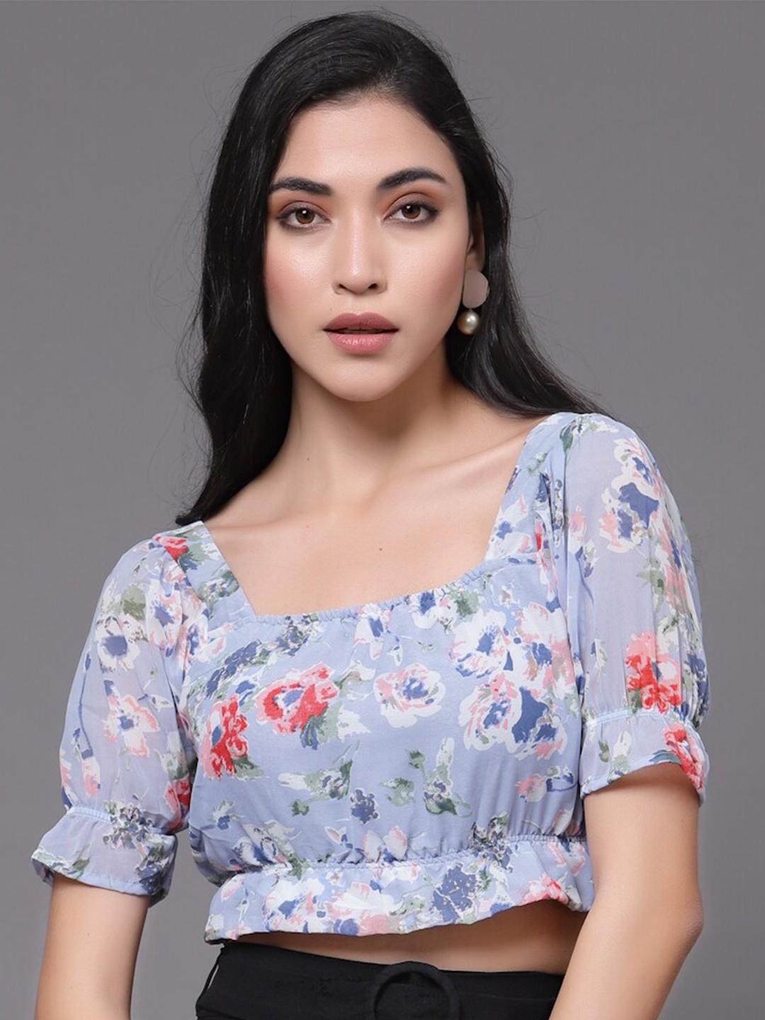 

BAESD Floral Printed Puff Sleeves Georgette Blouson Crop Top, Grey