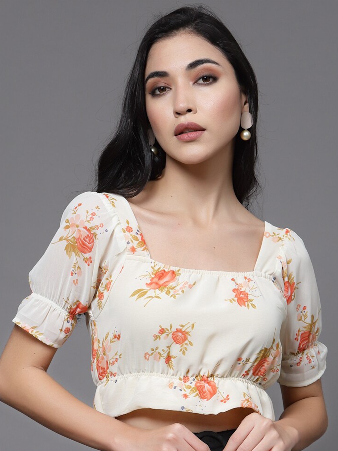 

BAESD Floral Printed Puff Sleeves Ruffles Blouson Crop Top, Beige