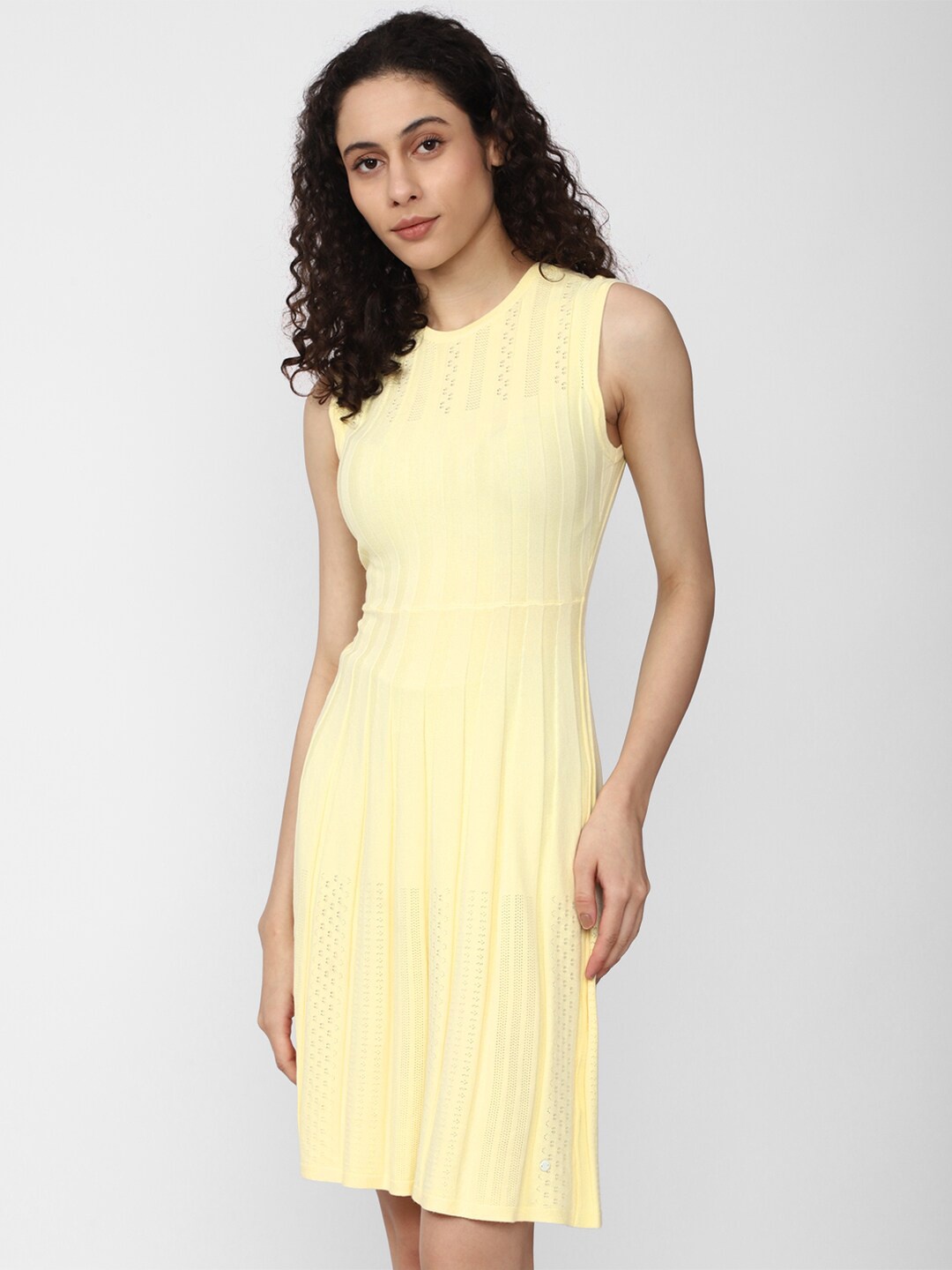 

Van Heusen Self Design Round Neck Sleeveless Sheath Dress, Yellow