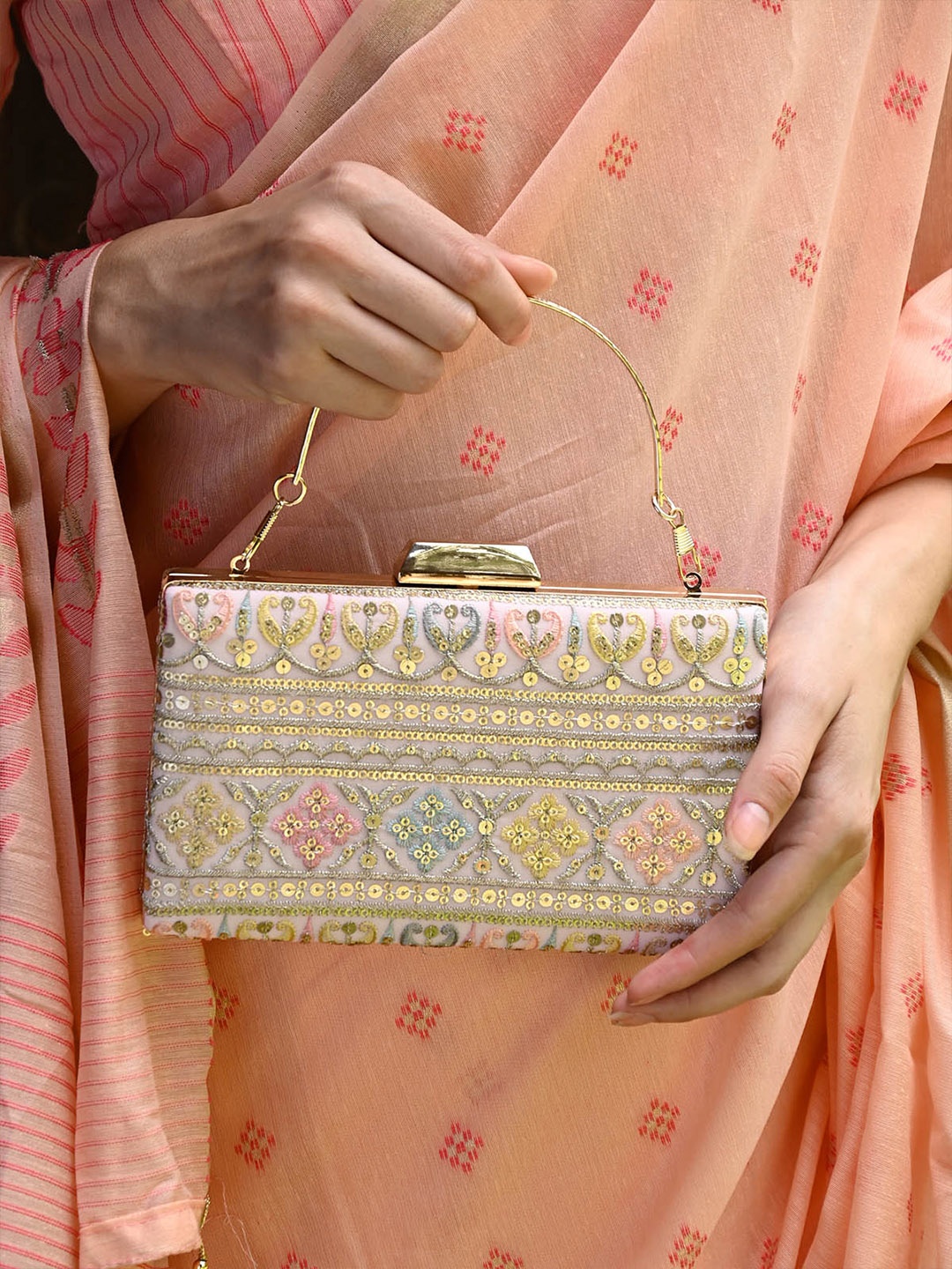 

ODETTE Embroidered Box Clutch, Pink