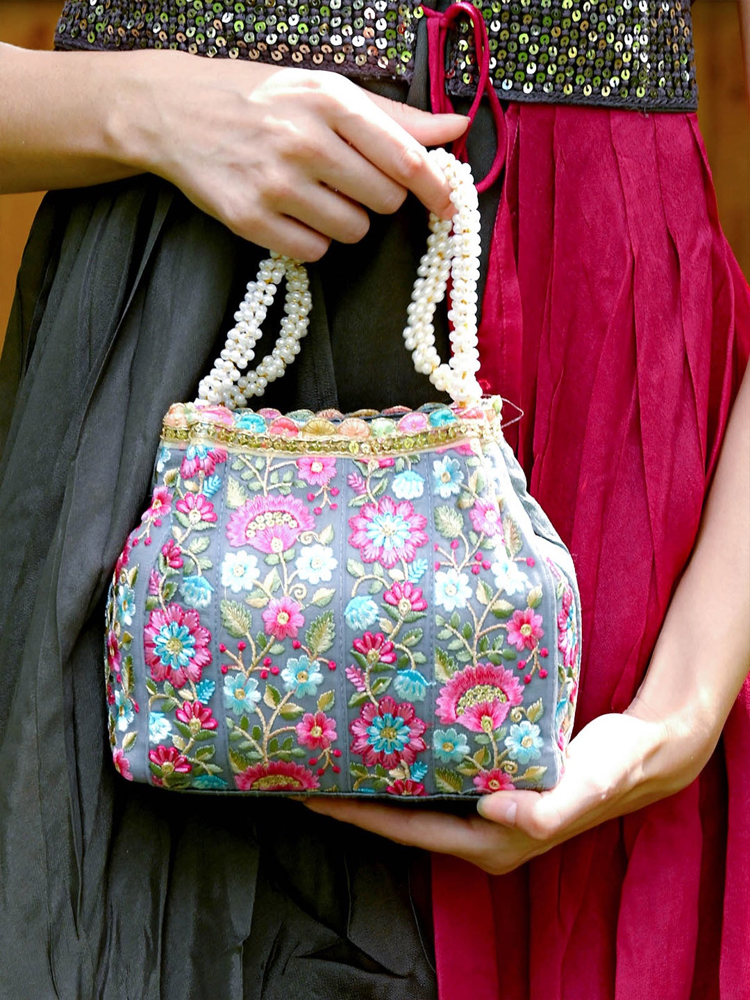 

ODETTE Floral Embroidered Potli Clutch, Grey