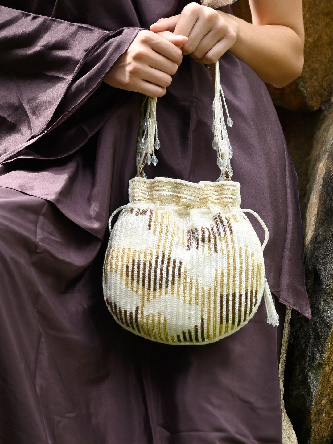 

ODETTE Embellished Potli Clutch, Off white
