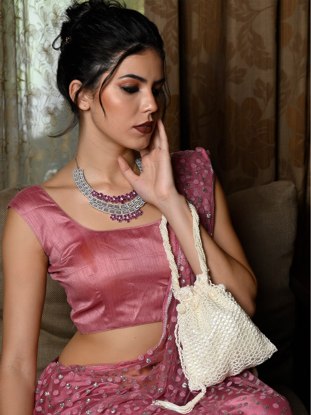 

ODETTE Embellished Potli Clutch, Off white