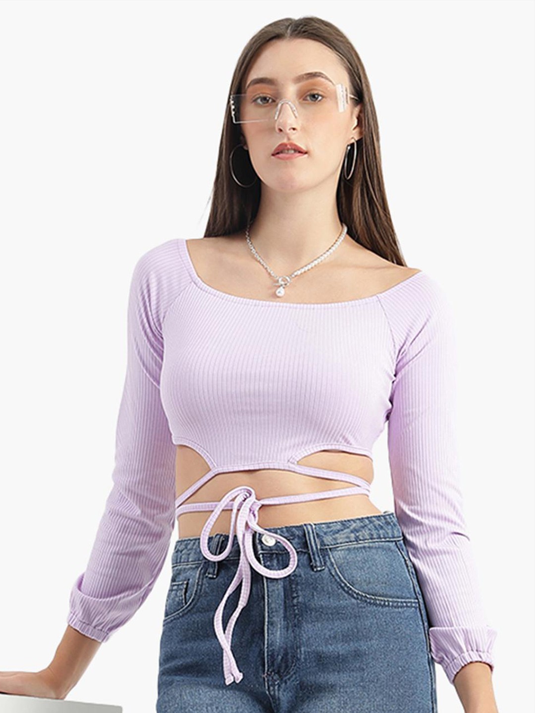 

Virgio Off-Shoulder Long Sleeve Tie-Ups Bardot Crop Top, Purple