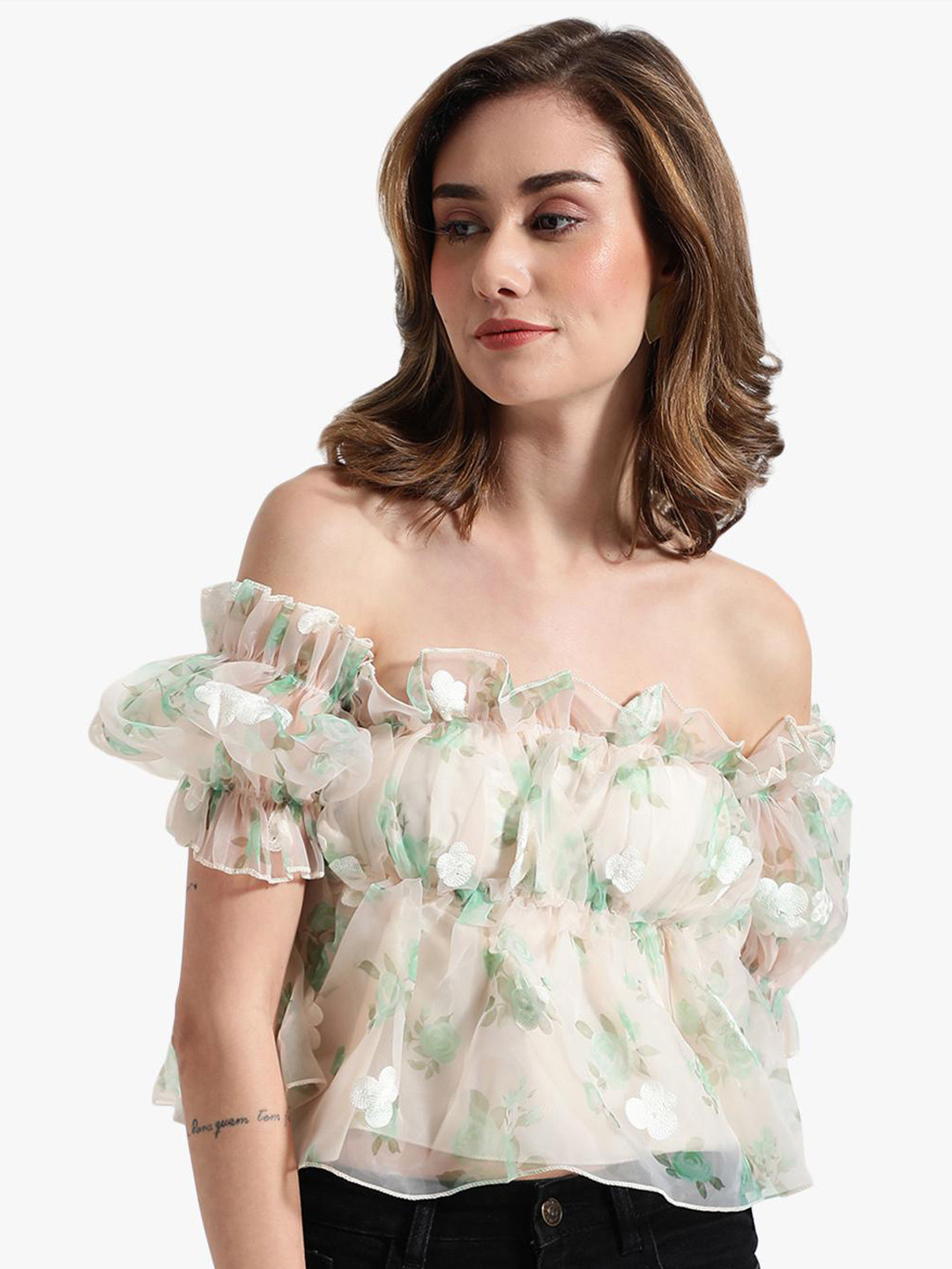 

Virgio Floral Printed Off-Shoulder Puff Sleeve Crop Top, Green