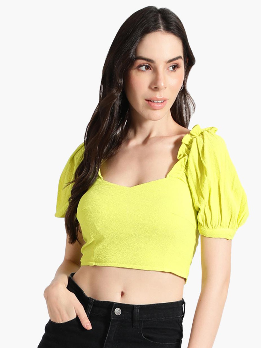 

Virgio Sweetheart Neck Puff Sleeve Crop Top, Yellow