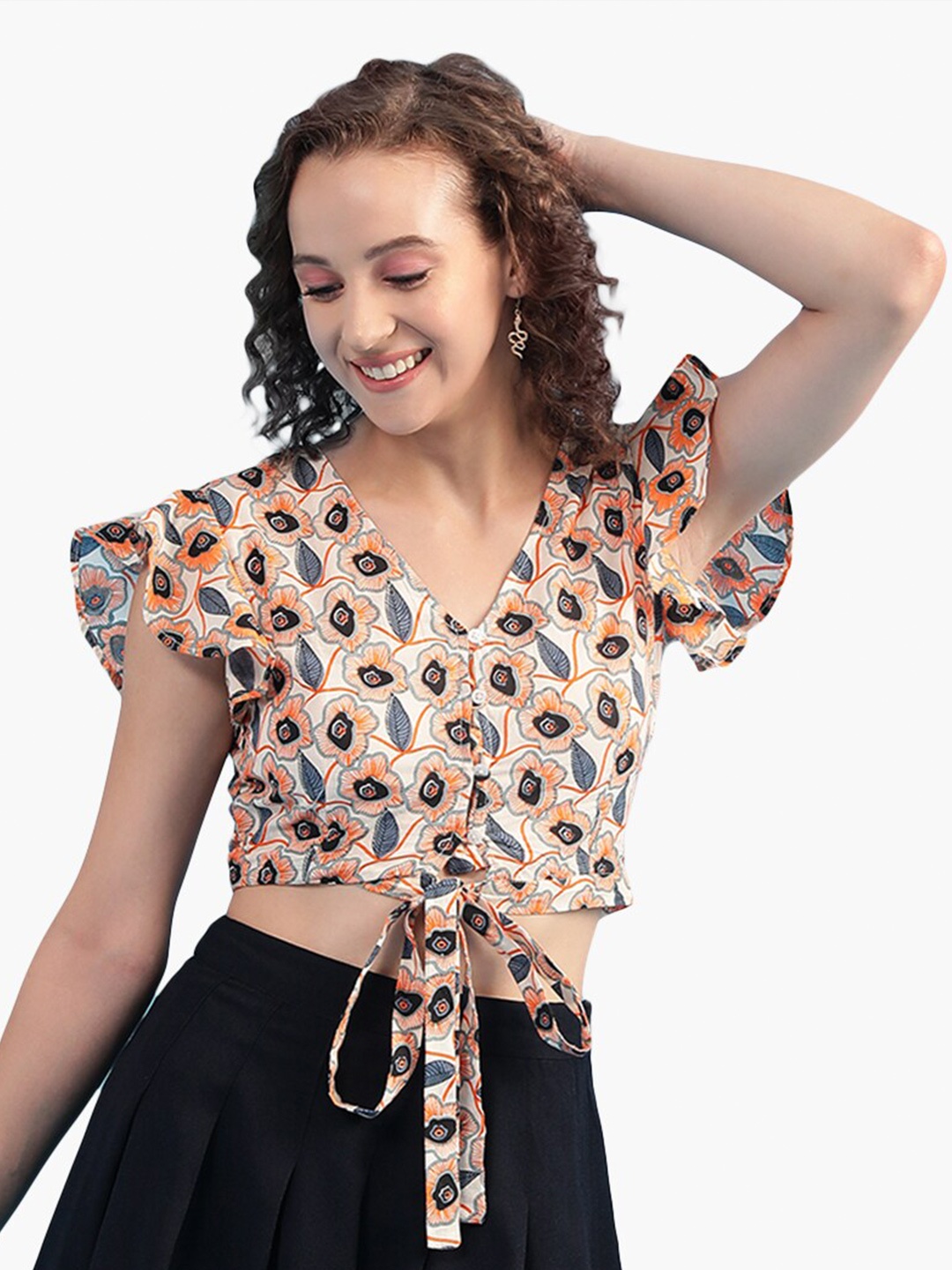 

Virgio Floral Printed Tie-Ups Pure Cotton Crop Top, Beige