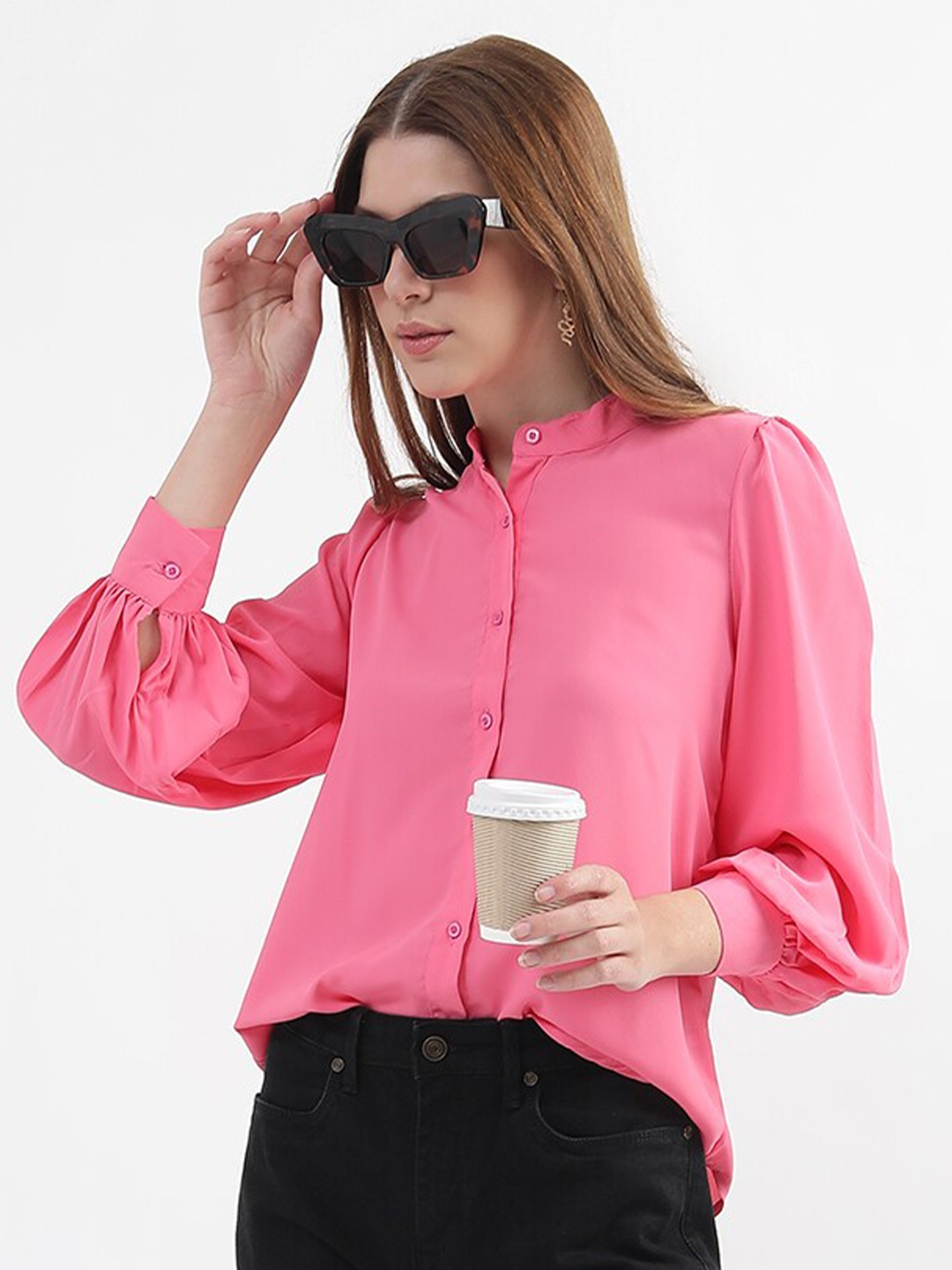 

Virgio Mandarin Collar Cuffed Sleeves Shirt Style Top, Pink