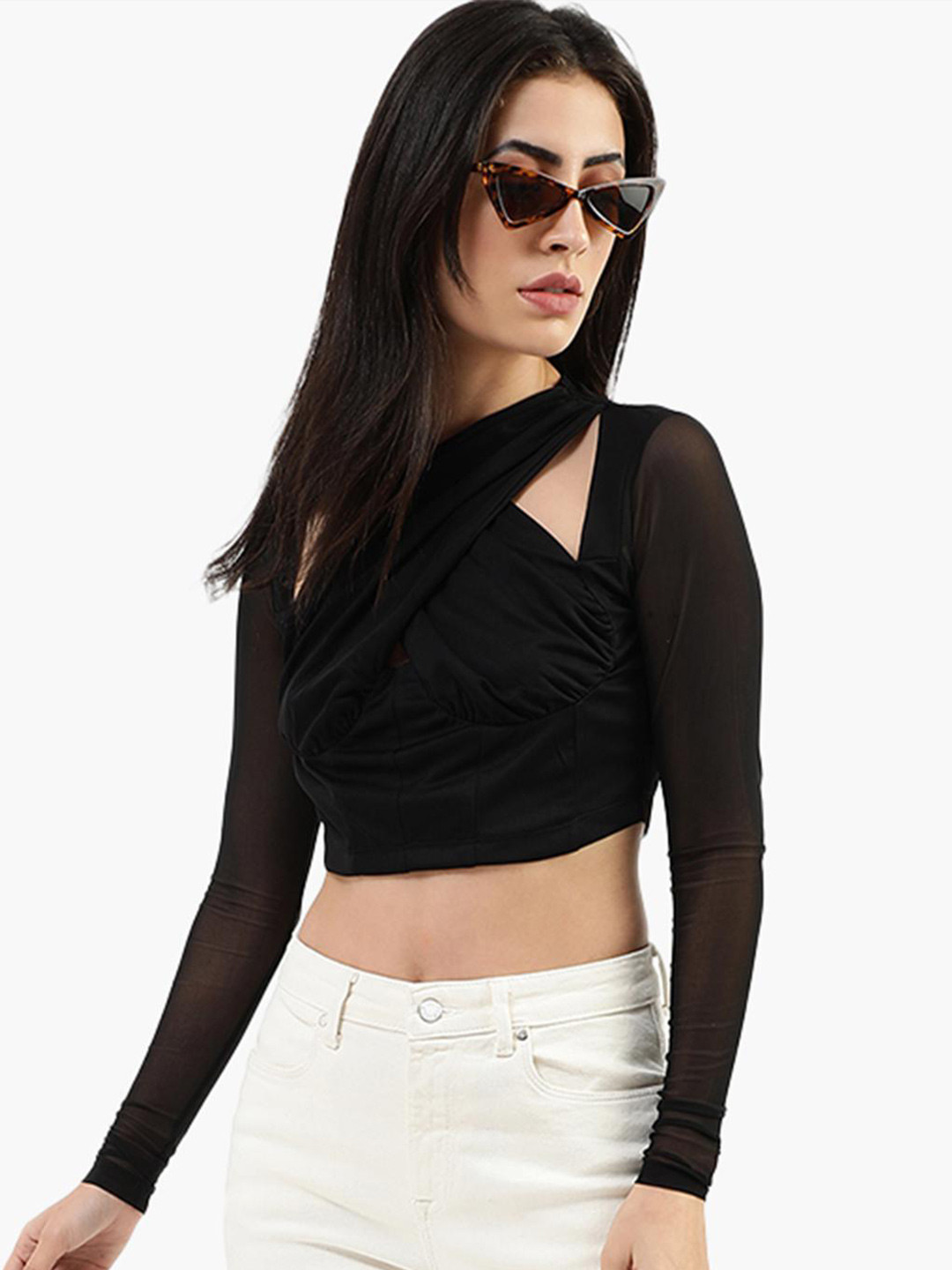 

Virgio Cut Out Detailed Wrap Crop Top, Black