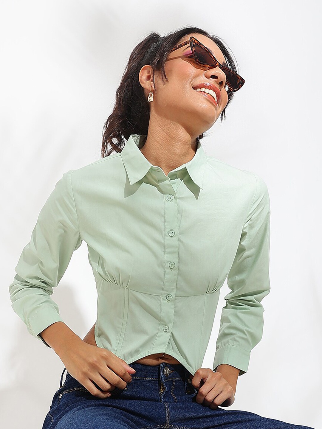 

Virgio Smocked Detailed Shirt Style Pure Cotton Crop Top, Sea green