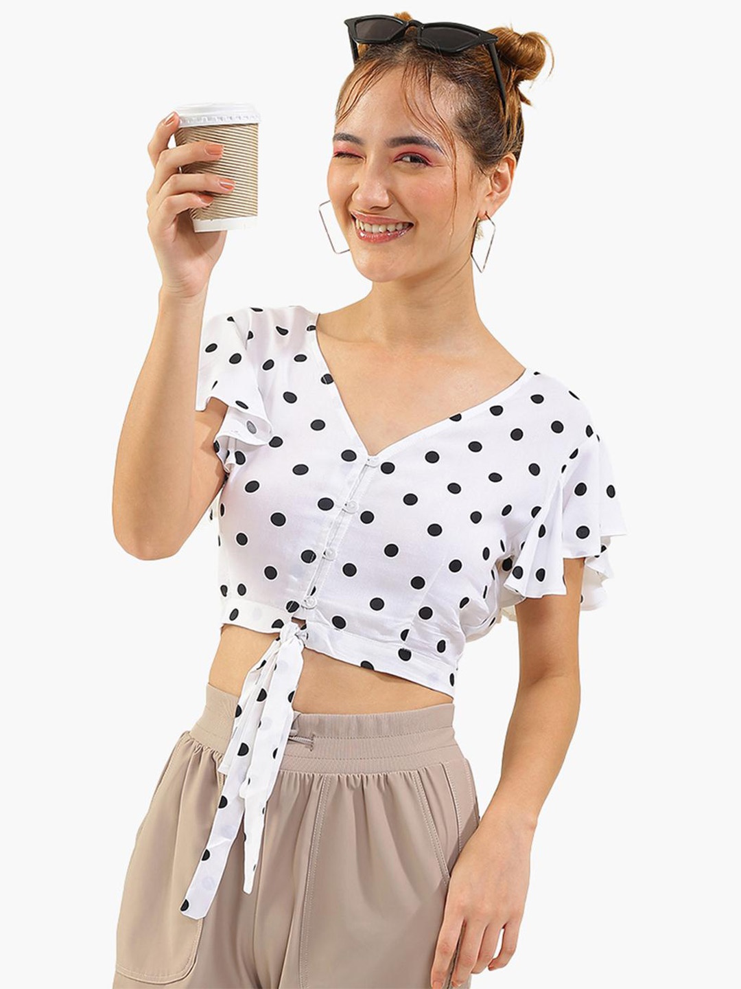 

Virgio Polka Dot Print Pure Cotton Wrap Crop Top, White