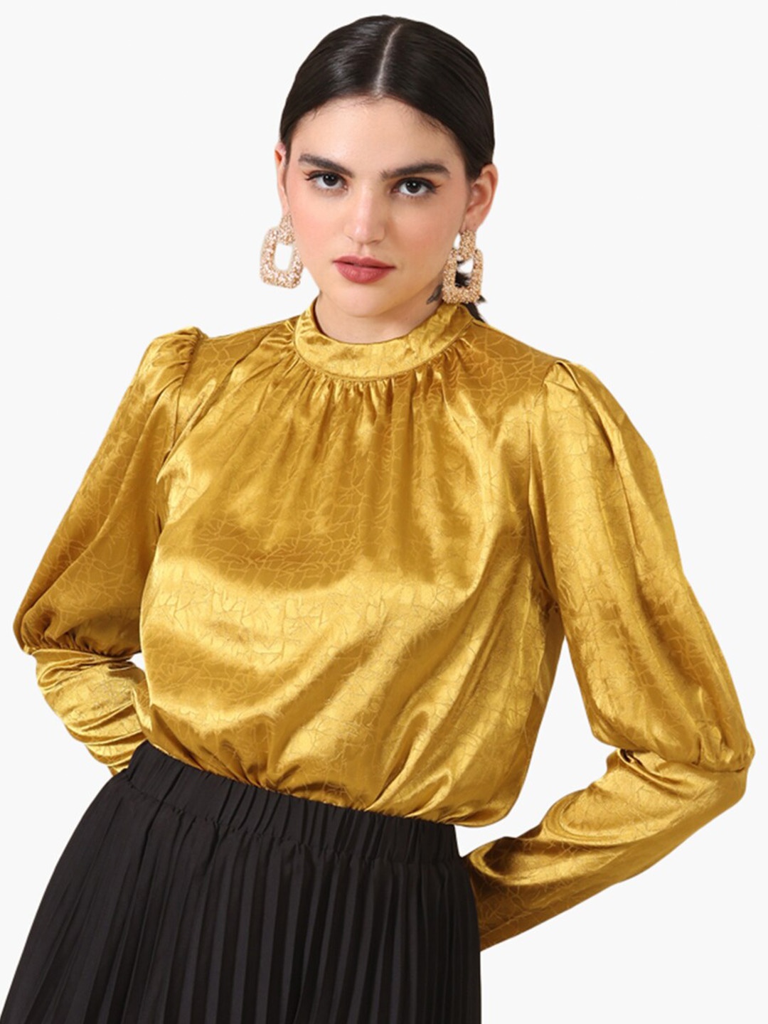 

Virgio High Neck Cuffed Sleeves Blouson Top, Yellow