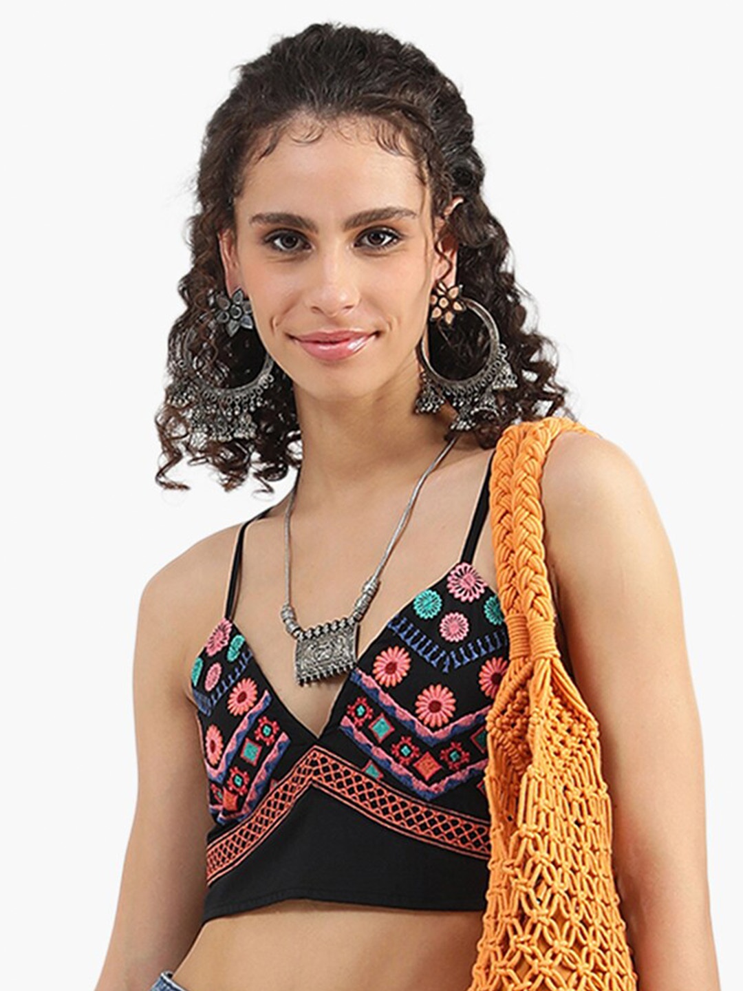 

Virgio Embroidered Tie-Up Detail Pure Cotton Fitted Crop Top, Black