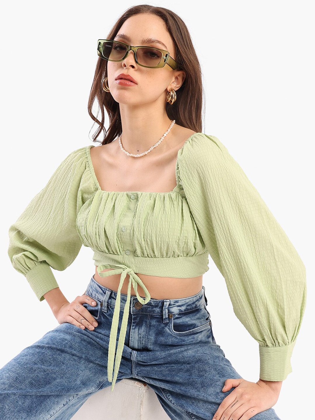 

Virgio Puff Sleeve Square Neck Crop Top, Green