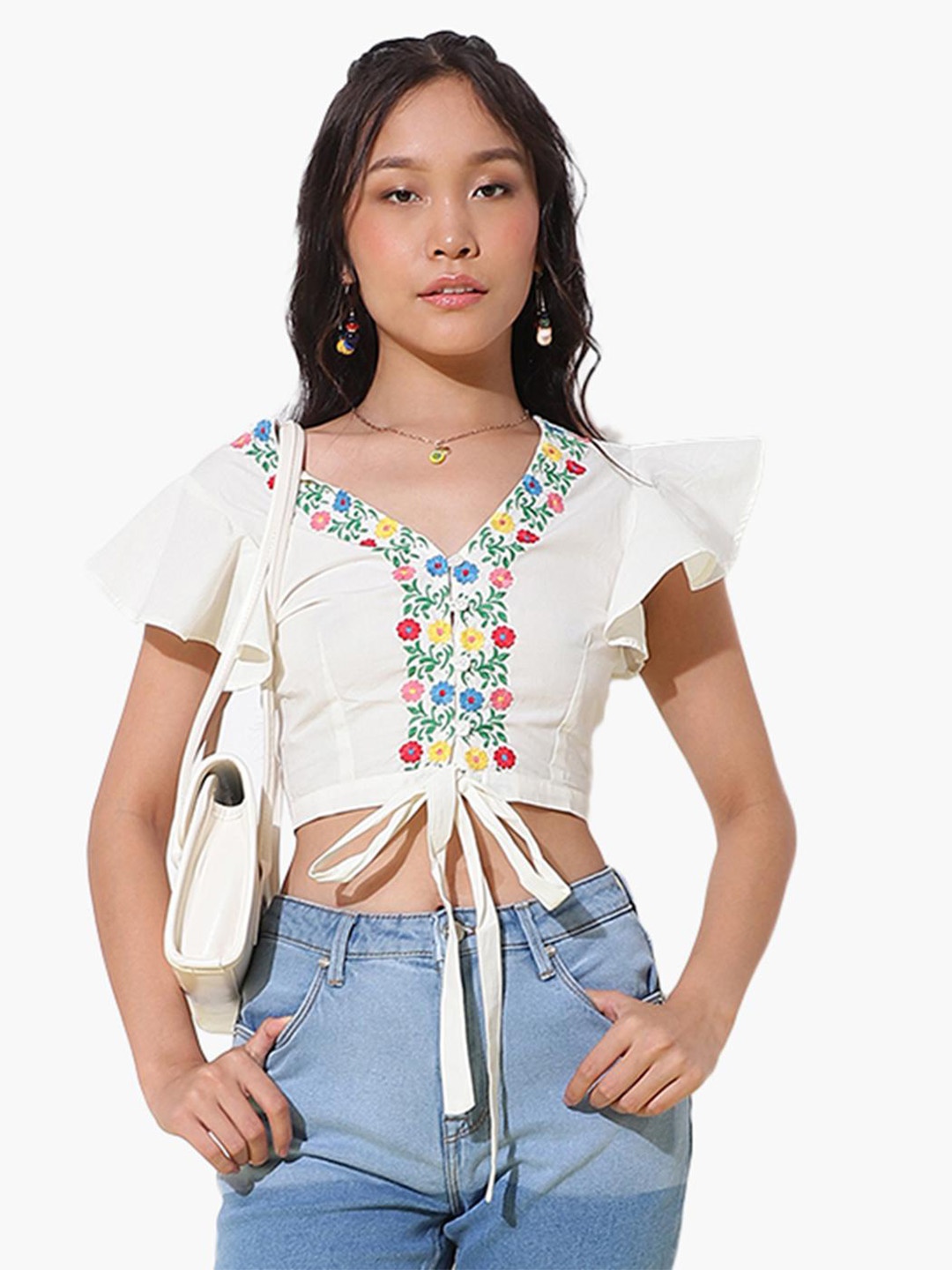 

Virgio Floral Embroidered Flutter Sleeve Crop Top, White