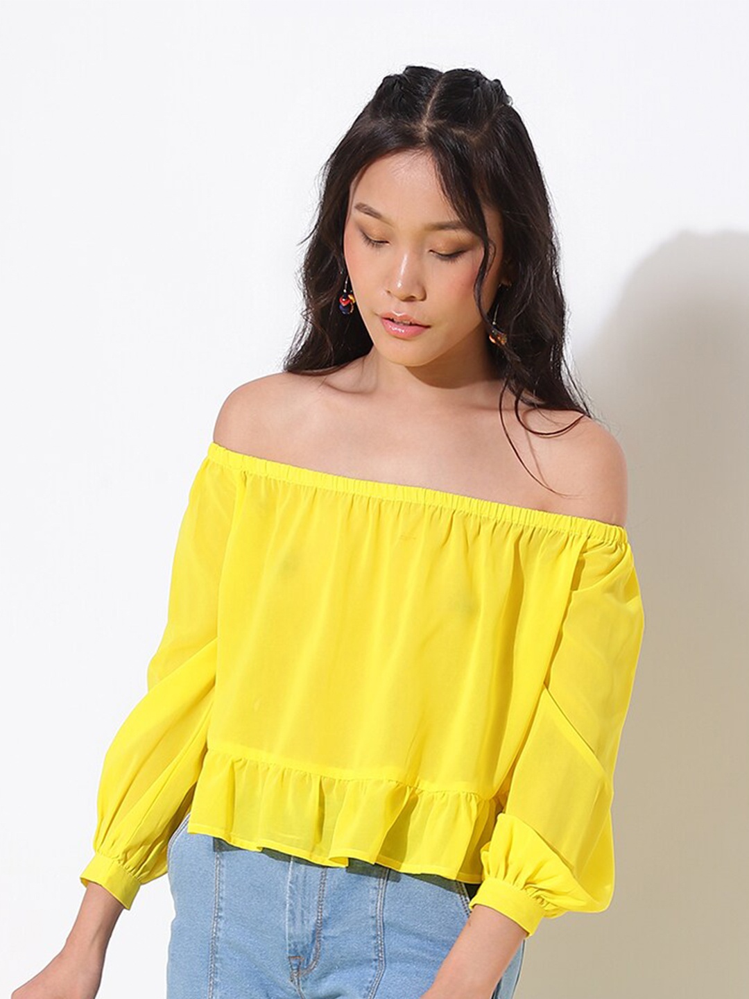 

Virgio Off-Shoulder Cuffed Sleeves Bardot Top, Yellow