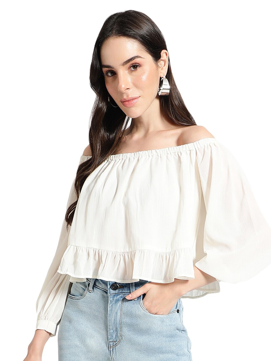 

Virgio Off-Shoulder Cuffed Sleeves Crop Bardot Top, White
